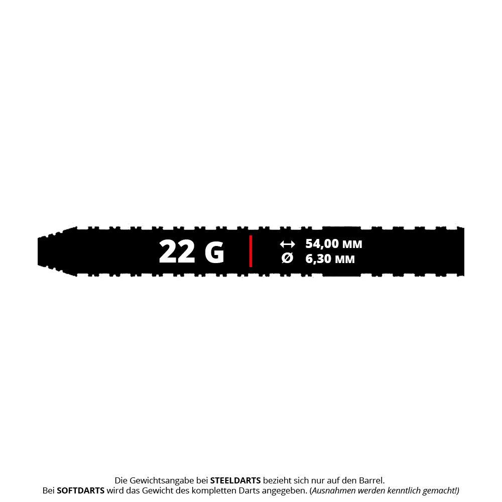 Das Bild zeigt die technischen Daten des Produkts "Caliburn Forge F3 Steeldarts - 22g". Der Dart wiegt 22 Gramm, ist 54,00 mm lang und hat einen Durchmesser von 6,30 mm.