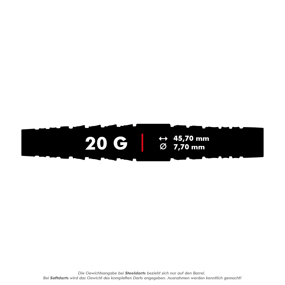 Winmau Simon Whitlock Atomized Grip Soft Darts Das Bild zeigt die Maße und das Gewicht des Produkts "Winmau Simon Whitlock Atomised Grip Softdarts". Der Dart wiegt 20 Gramm, ist 45,70 mm lang und hat einen Durchmesser von 7,70 mm.