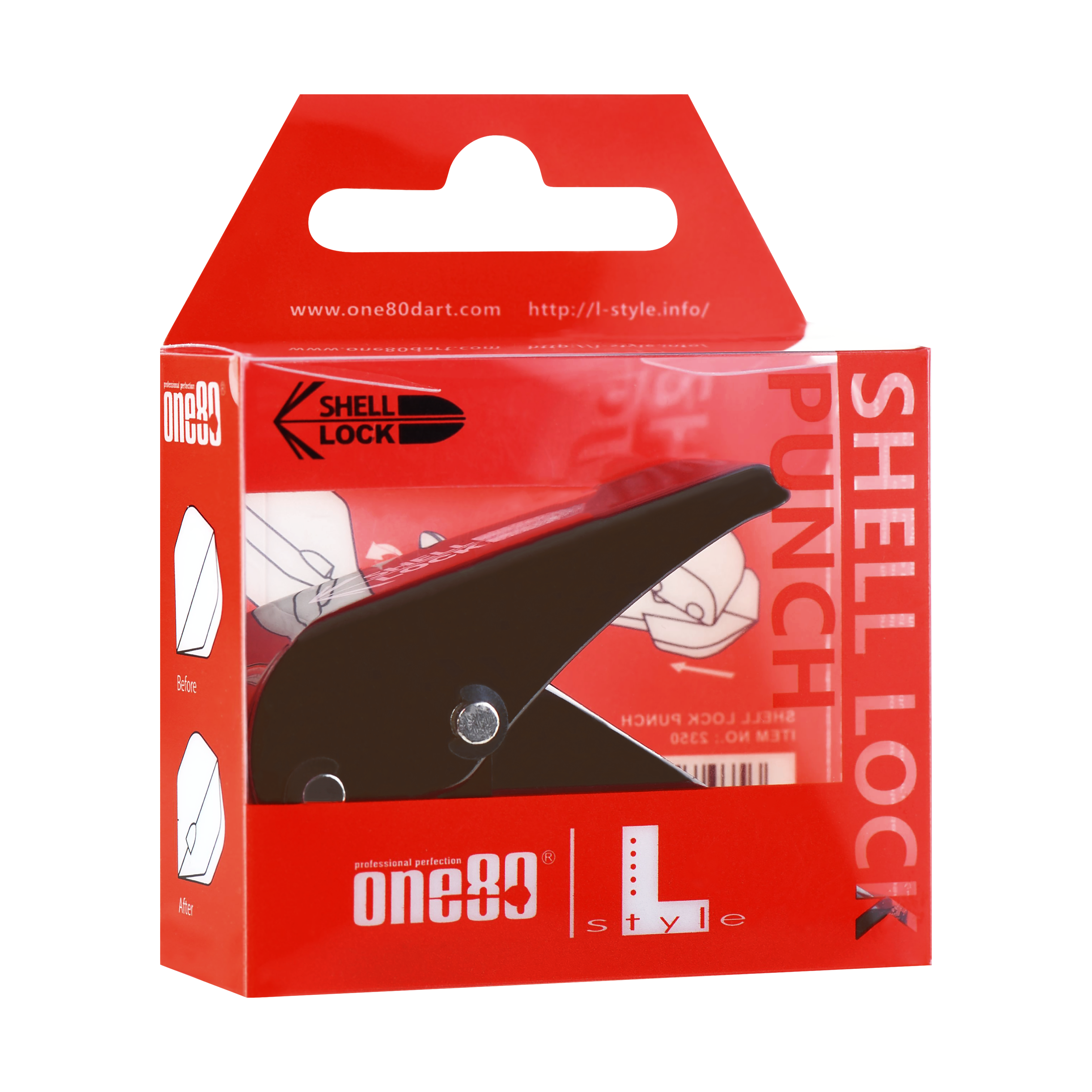 L-Style One80 Shell Lock Punch Flight Punch Das Bild zeigt die Verpackung des Produkts "L-Style One80 Shell Lock Punch Flightlocher". In der Packung befindet sich ein schwarzer Lochstanzer für Dart-Flights.