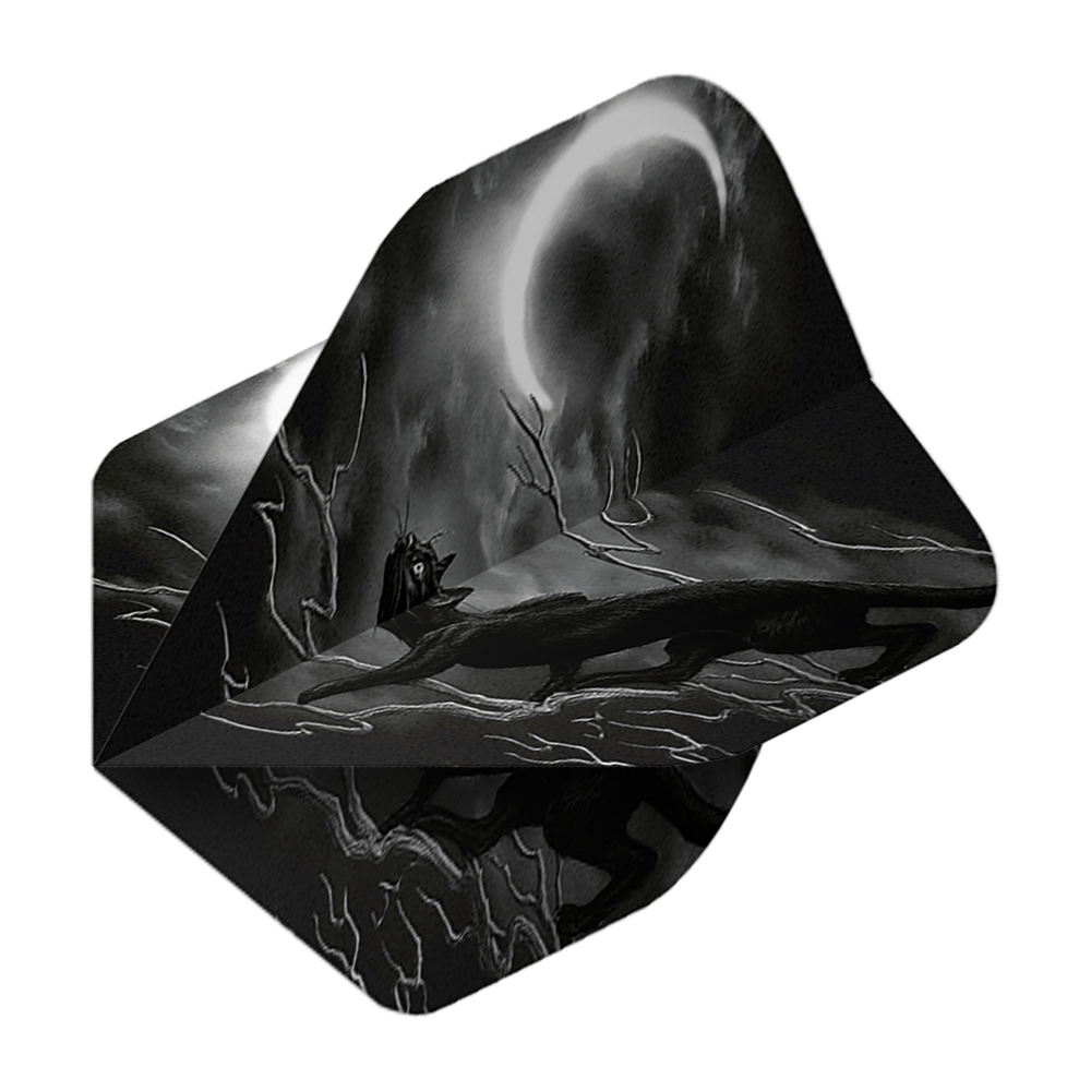 Alchemy Minnaloushe No2 Standard Flights Das Bild zeigt die Alchemy Minnaloushe No2 Standard Flights mit einem dunklen, mystischen Design. Im Vordergrund sind eine schwarze Katze, kahle Äste und ein leuchtender Halbmond zu sehen.