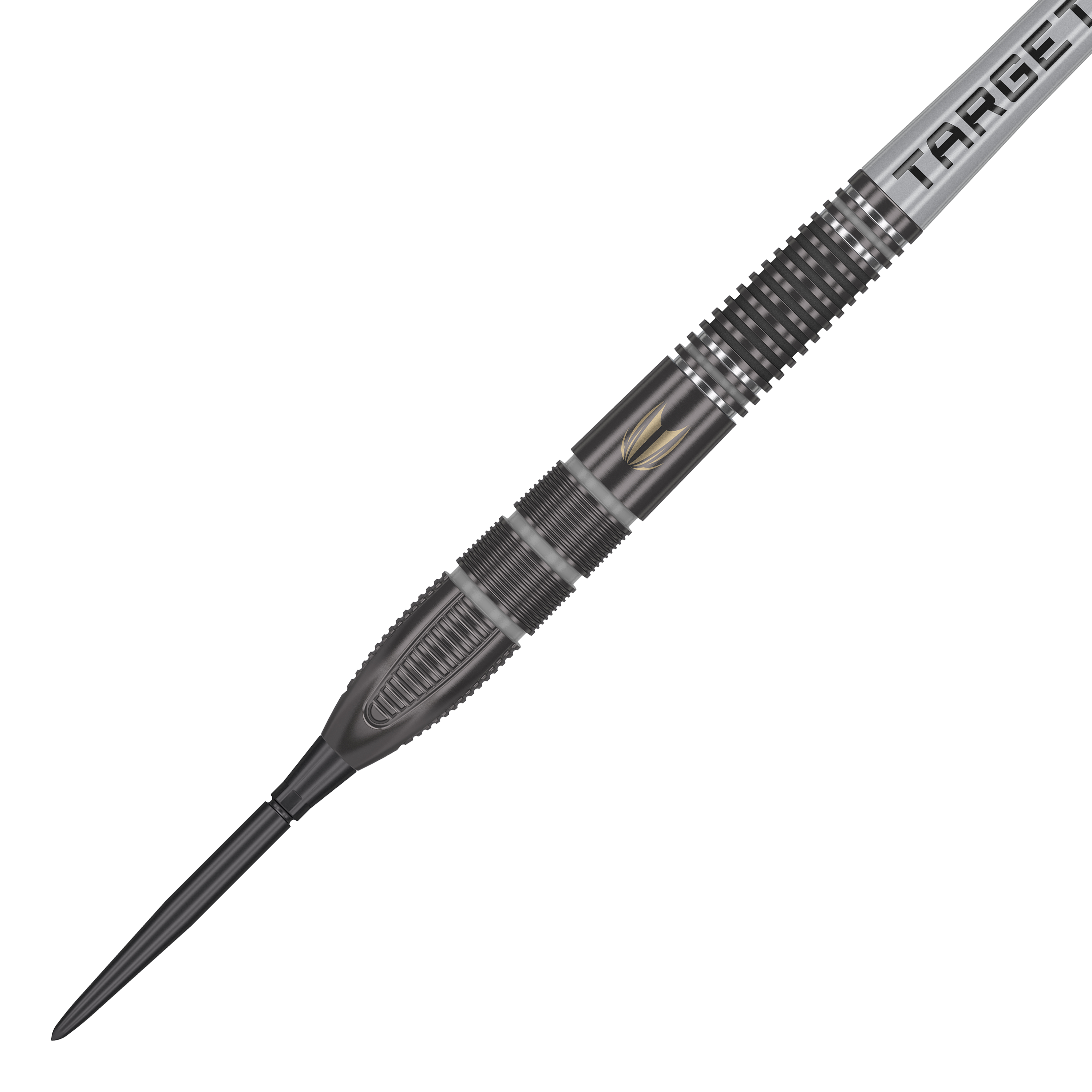 Target Nathan Aspinall X Echo Swiss Point steel darts Das Bild zeigt den Target Nathan Aspinall X Echo Swiss Point Steeldart. Der Dartpfeil ist schwarz-silbern mit einem detaillierten Griffdesign und dem Schriftzug "TARGET" am Schaft.