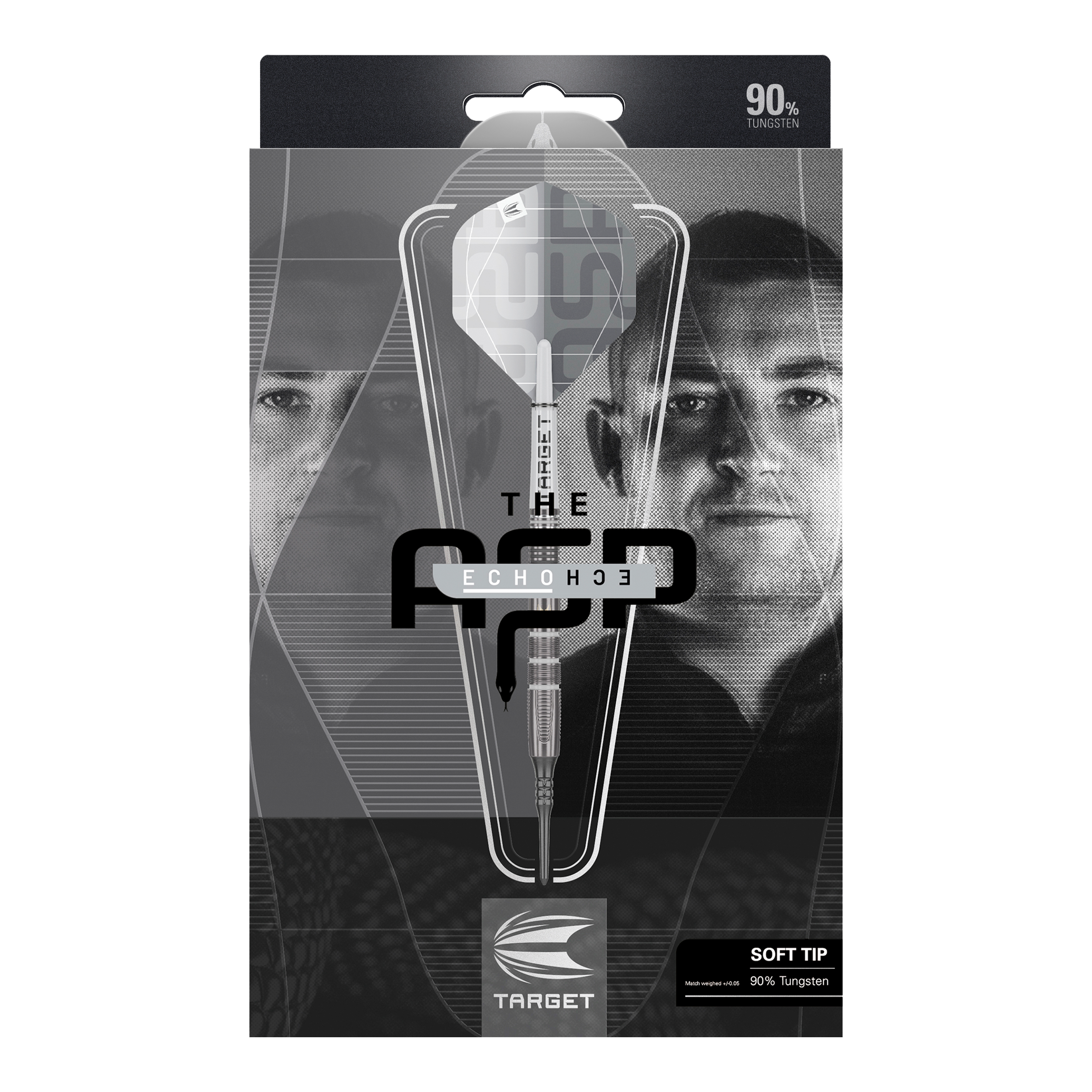 Target Nathan Aspinall X Echo Softdarts - 18g Auf dem Bild ist die Verpackung des Produkts „Target Nathan Aspinall X Echo Softdarts - 18g“ zu sehen. In der Mitte der Verpackung befindet sich ein Softdart mit der Aufschrift „TARGET“ und im Hintergrund sind zwei Gesichter abgebildet.