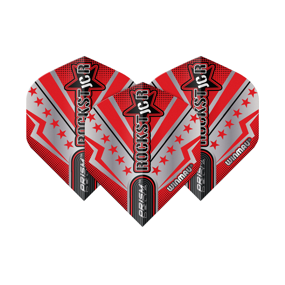 Das Bild zeigt drei Dart-Flights der Serie "Winmau Prism Delta Joe Cullen Rockstar No2". Die Flights sind in rot, silber und schwarz gestaltet und tragen die Aufschrift "ROCKSTAR".