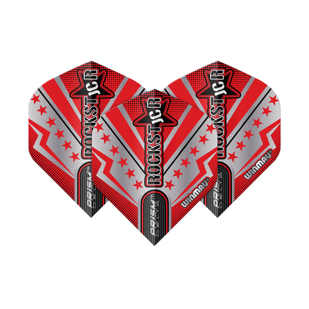 Winmau Prism Delta Joe Cullen Rockstar Series No2 Standard Flights Das Bild zeigt drei Dart-Flights der Serie "Winmau Prism Delta Joe Cullen Rockstar No2". Die Flights sind in rot, silber und schwarz gestaltet und tragen die Aufschrift "ROCKSTAR".