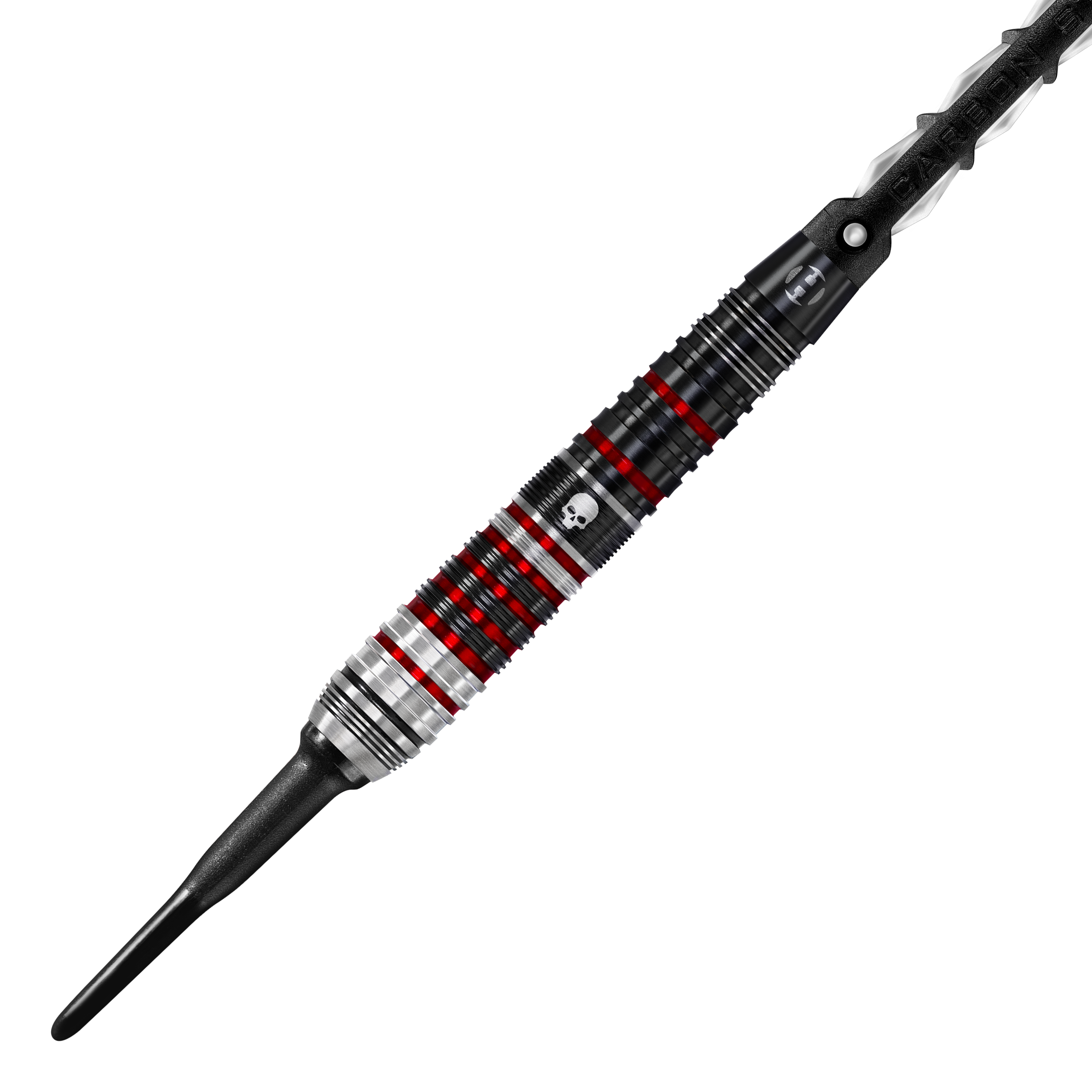 Harrow's Ryan Searle Heavy Metal Series 2 soft darts Das Bild zeigt einen Harrows Ryan Searle Heavy Metal Series 2 Softdart. Der Dartpfeil ist schwarz, silber und rot mit einem Totenkopf-Design auf dem Griff.