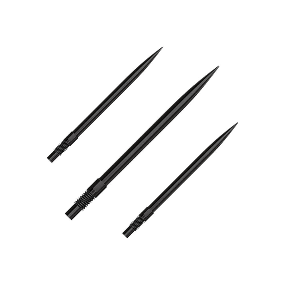 Harrows Quick Point Dart Tips - Black Ein Set von schwarzen Dartspitzen ist abgebildet. Die Spitzen sind 35 mm lang und auf einem weißen Hintergrund präsentiert.