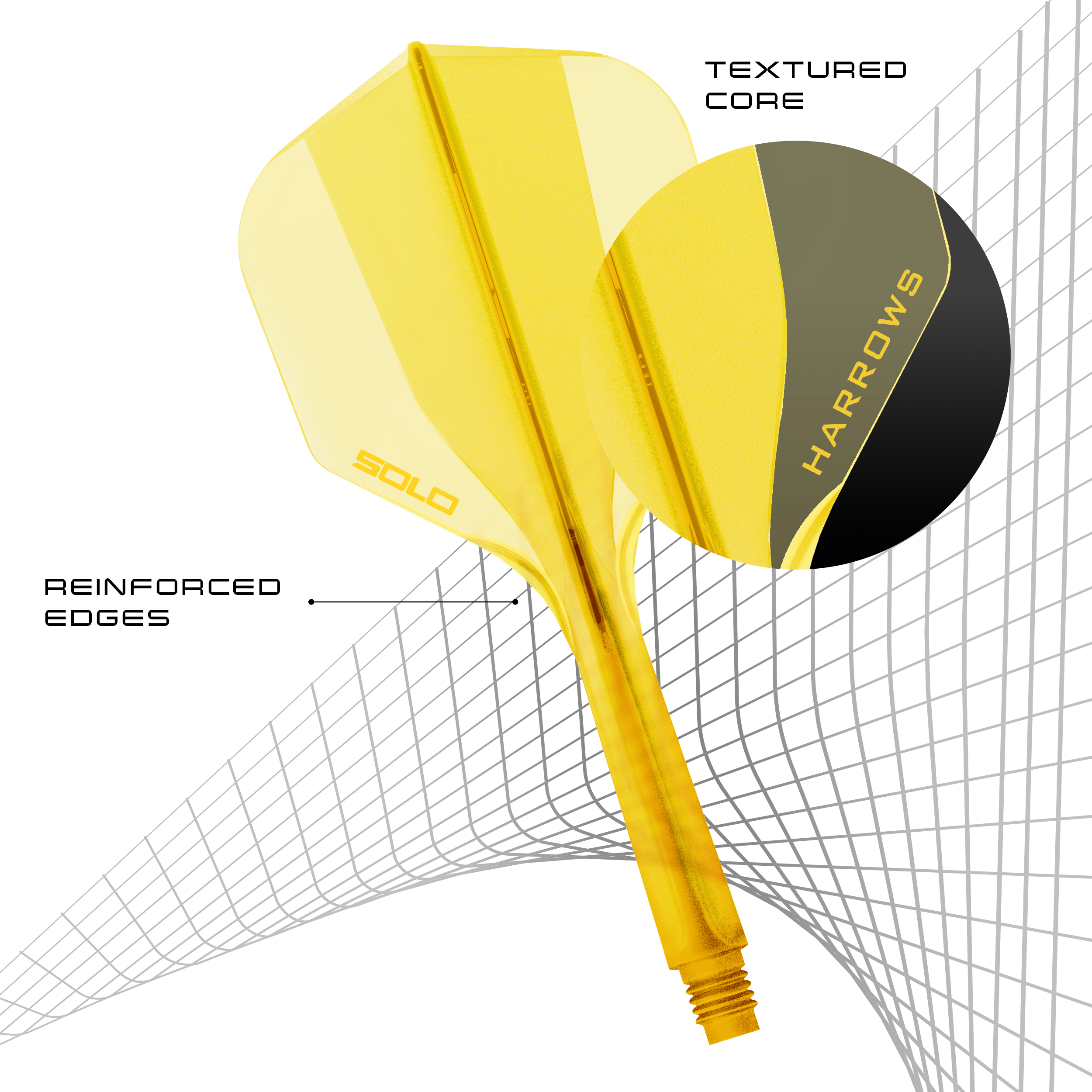 Harrows Solo No6 Flight Shaft System - Yellow Hier ist das Harrows Solo No6 Flight-Shaft-System in Gelb abgebildet. Es dient als Flight- und Schaft-Kombination für Dartpfeile.