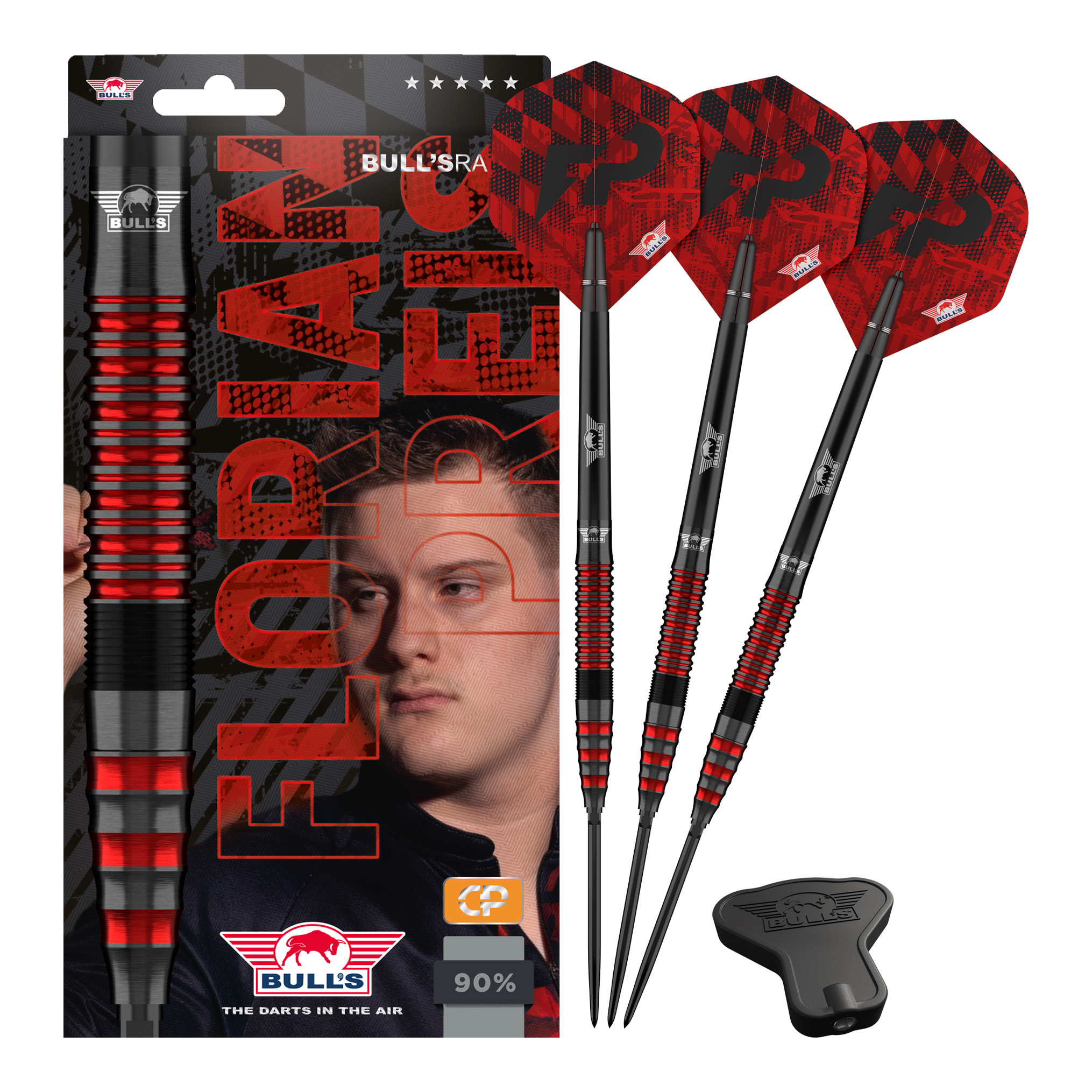 Abgebildet wird Bulls NL Florian Preis 90 Convertible Point Steeldarts. Das Set ist übersichtlich angeordnet.