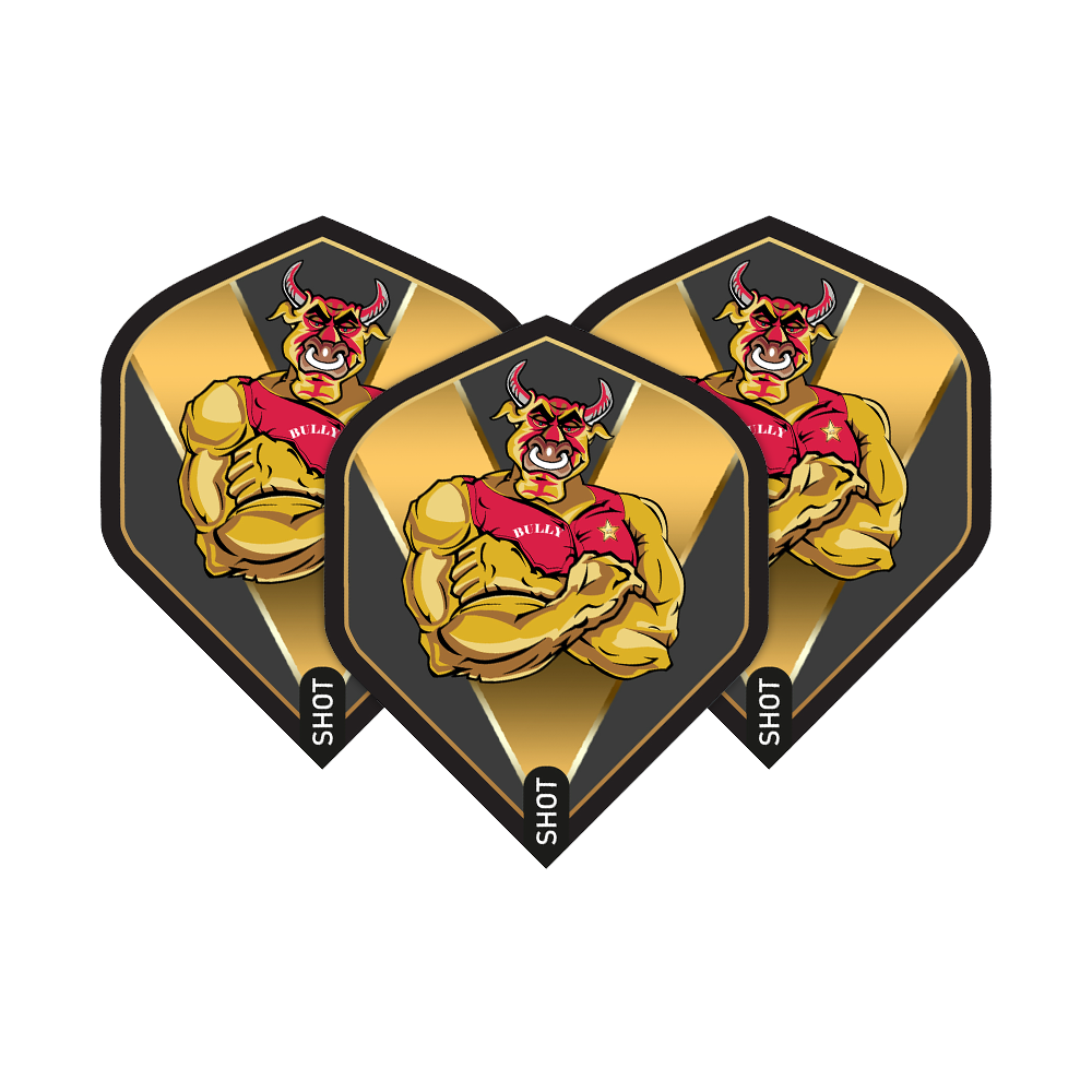 Shot Michael Smith Bully Boy Gold Standard Flights Das Bild zeigt drei Dart-Flights mit einem muskulösen, roten Stier auf goldenem Hintergrund. Auf den Flights steht der Name „Bully Boy“ und unten das Wort „Shot“.