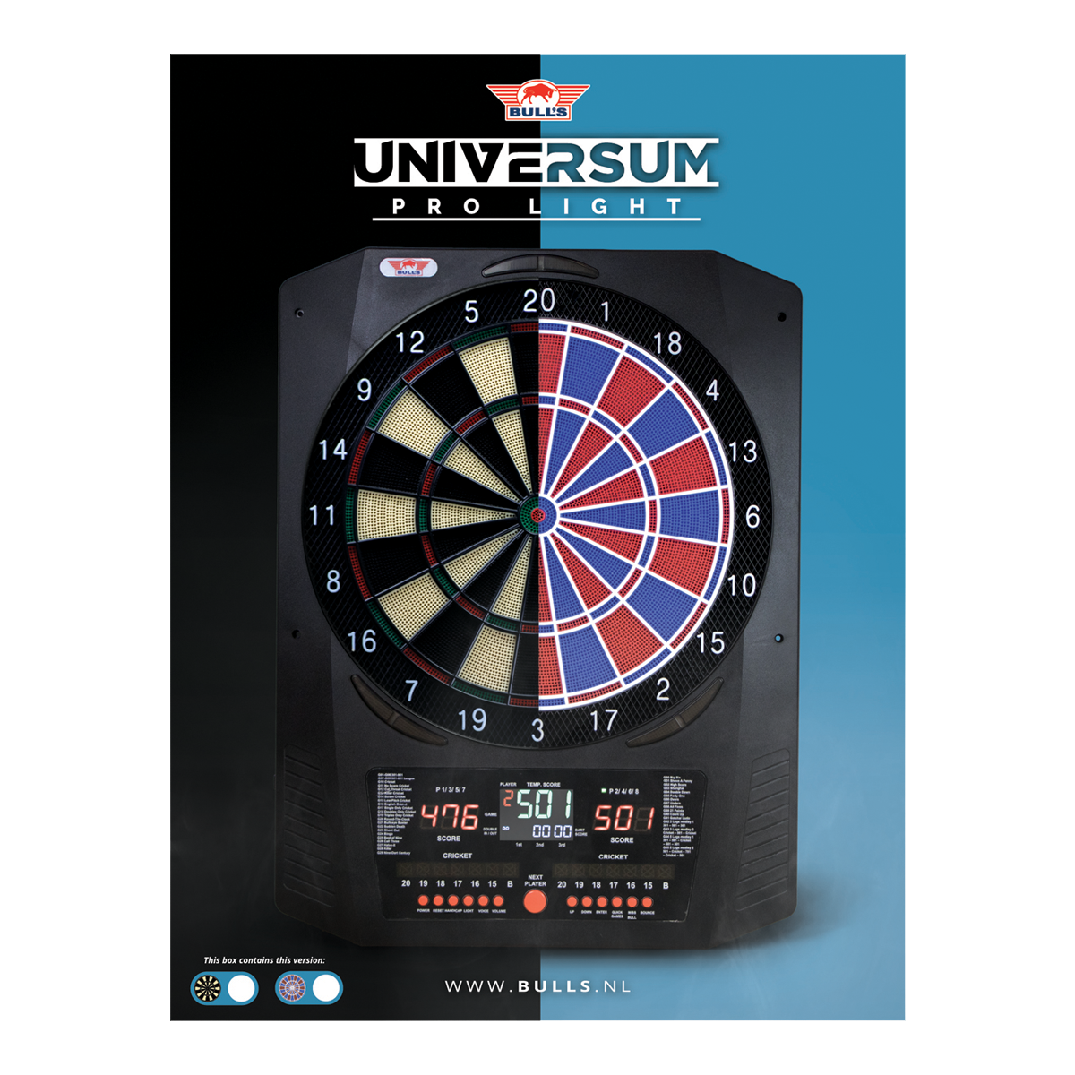 Hier sieht man das Bulls NL Universum Pro Light Elektronisches Dartboard in den Farben Blau und Rot. Dieses Dartboard bietet viele Spieloptionen.