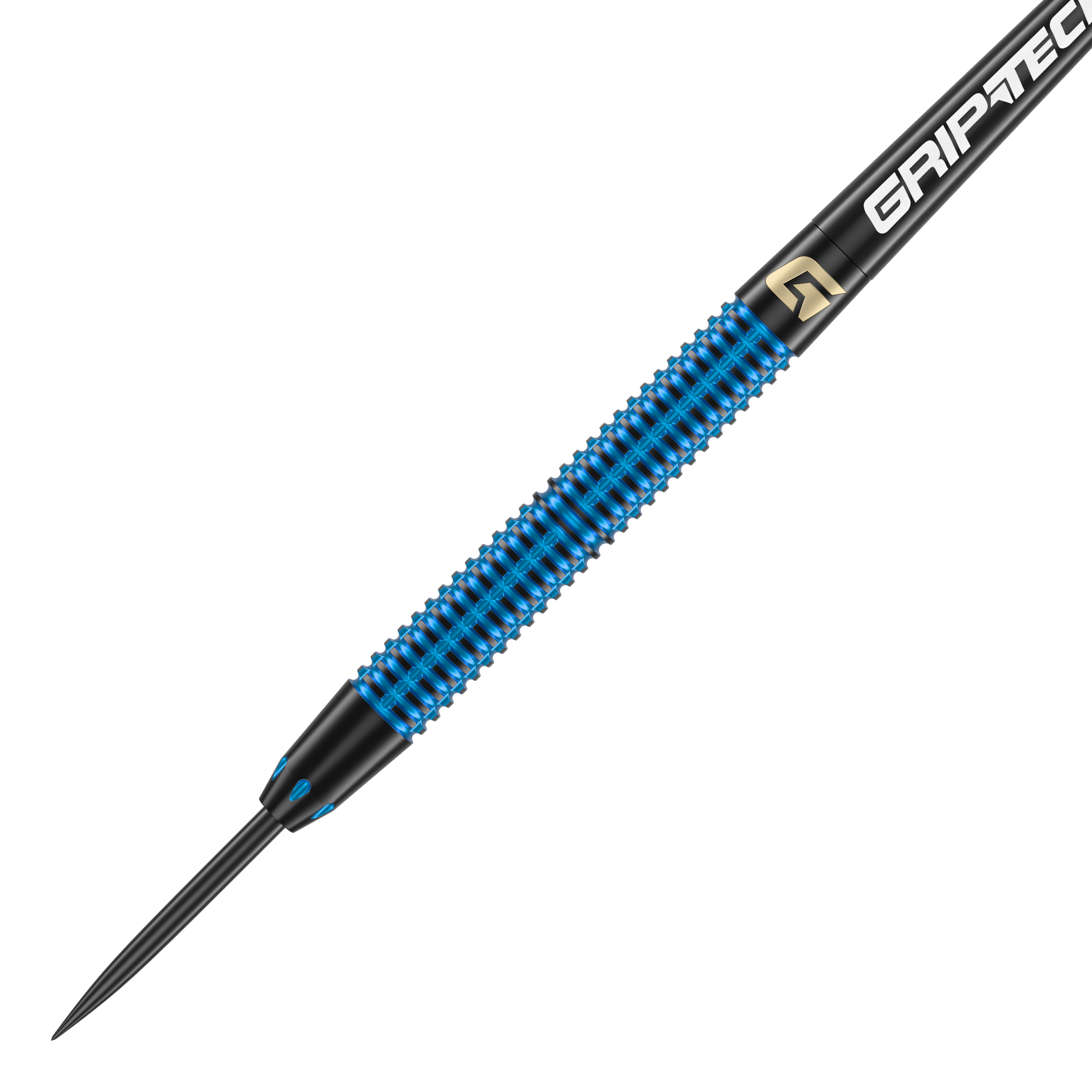 GOAT Athlete Blue Brass Steeldarts - 12g Das Bild zeigt einen GOAT Athlete Blue Brass Steeldart mit einem Gewicht von 12g. Der Dart hat eine blaue geriffelte Oberfläche und eine schwarze Spitze.