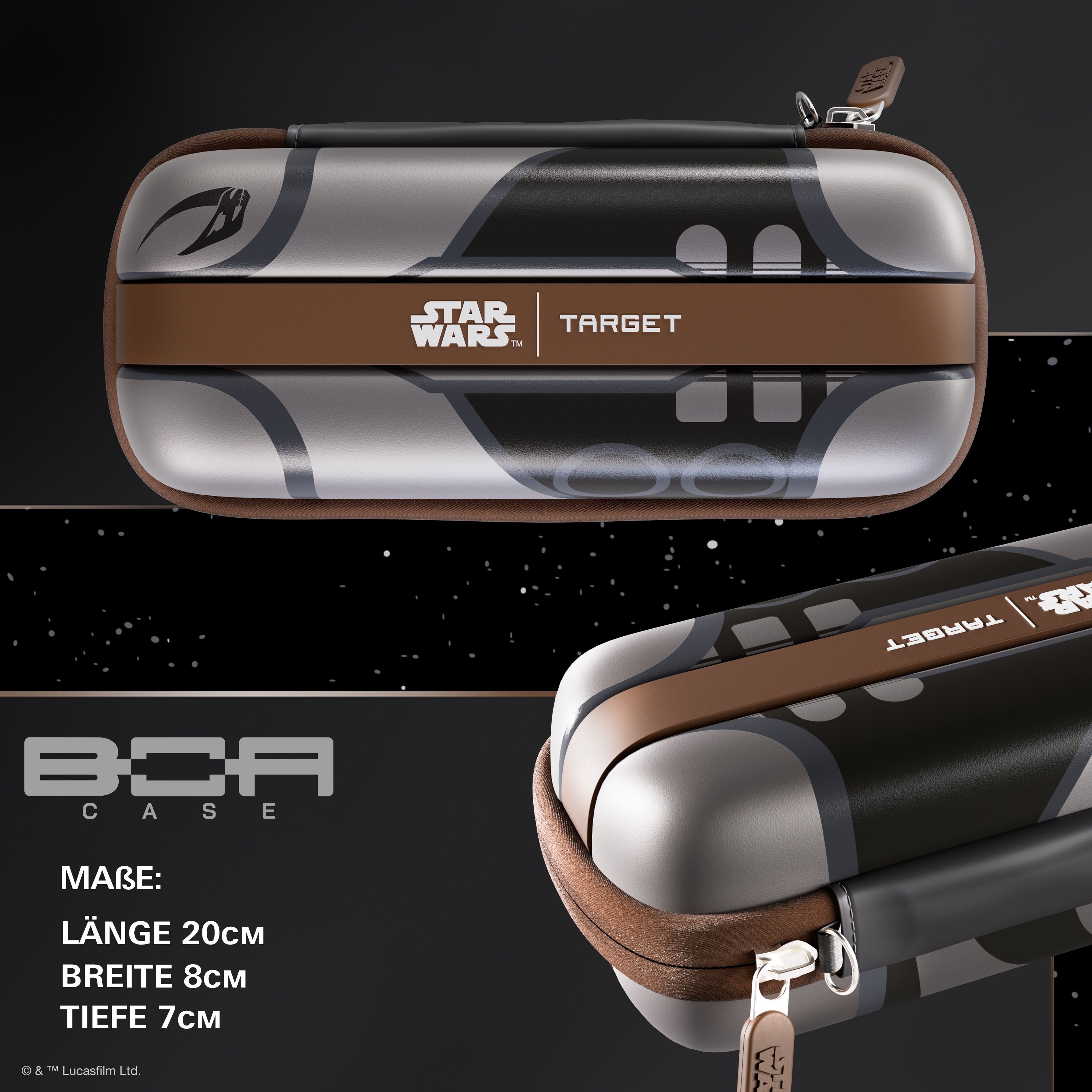 Target Star Wars Boa Dartcase - Mandalorian Abgebildet ist das Target Star Wars Boa Dartcase - Mandalorian. Es ist ein Dartcase mit Mandalorianer-Design aus Star Wars.