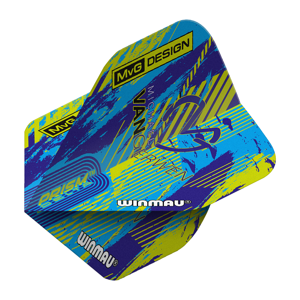 Winmau Delta Michael Van Gerwen Prism 04 Standard Flights Das Bild zeigt die Winmau Delta Michael Van Gerwen Prism 04 Standard Flights. Das Design ist bunt mit blauen, gelben und violetten Akzenten sowie dem Schriftzug „MvG DESIGN“ und „Winmau“.