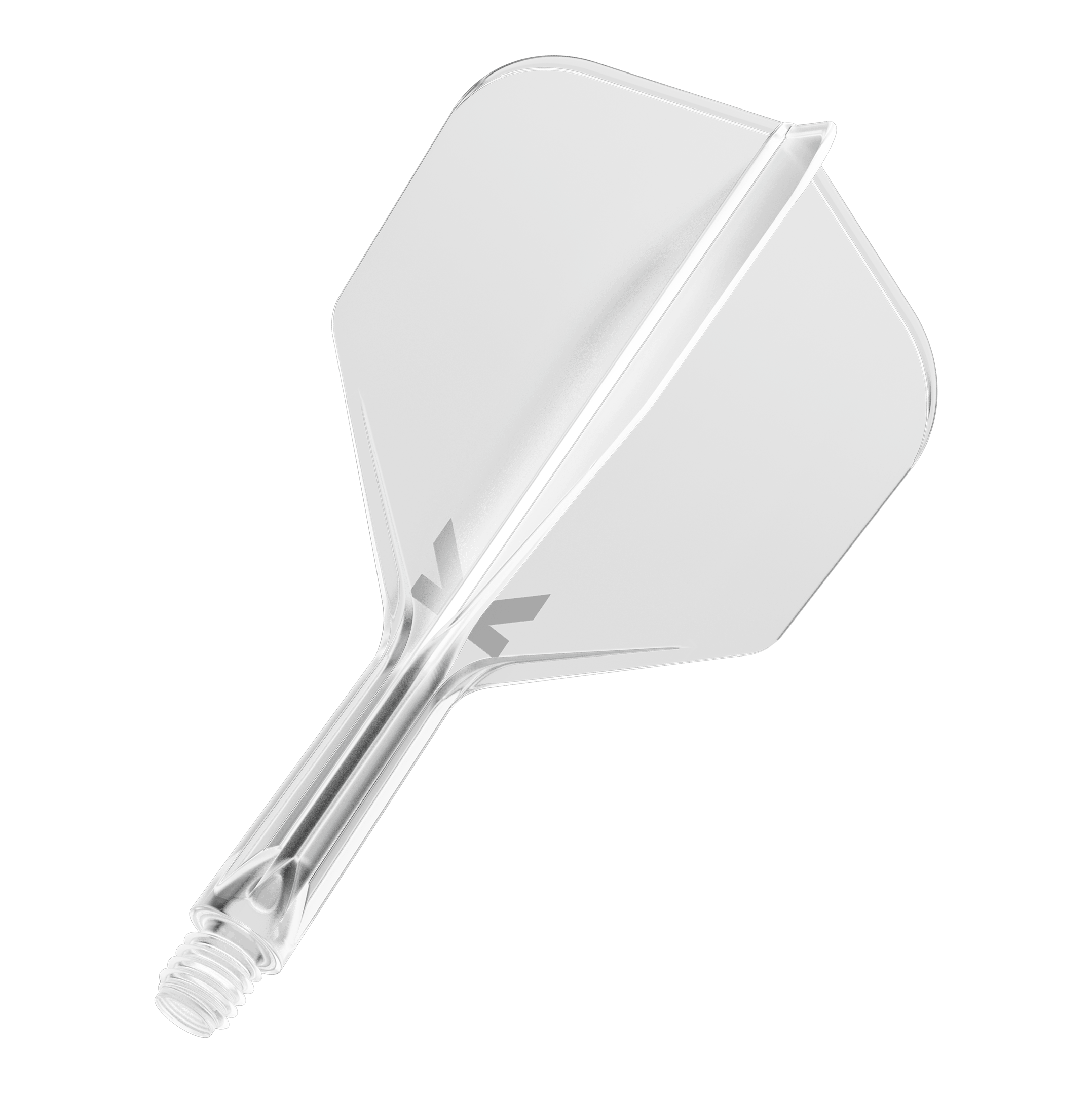 Target K-Flex No6 Flight System - Clear Das Bild zeigt ein durchsichtiges Dart-Flightsystem mit einem integrierten Schaft. Es ist vor schwarzem Hintergrund abgebildet.