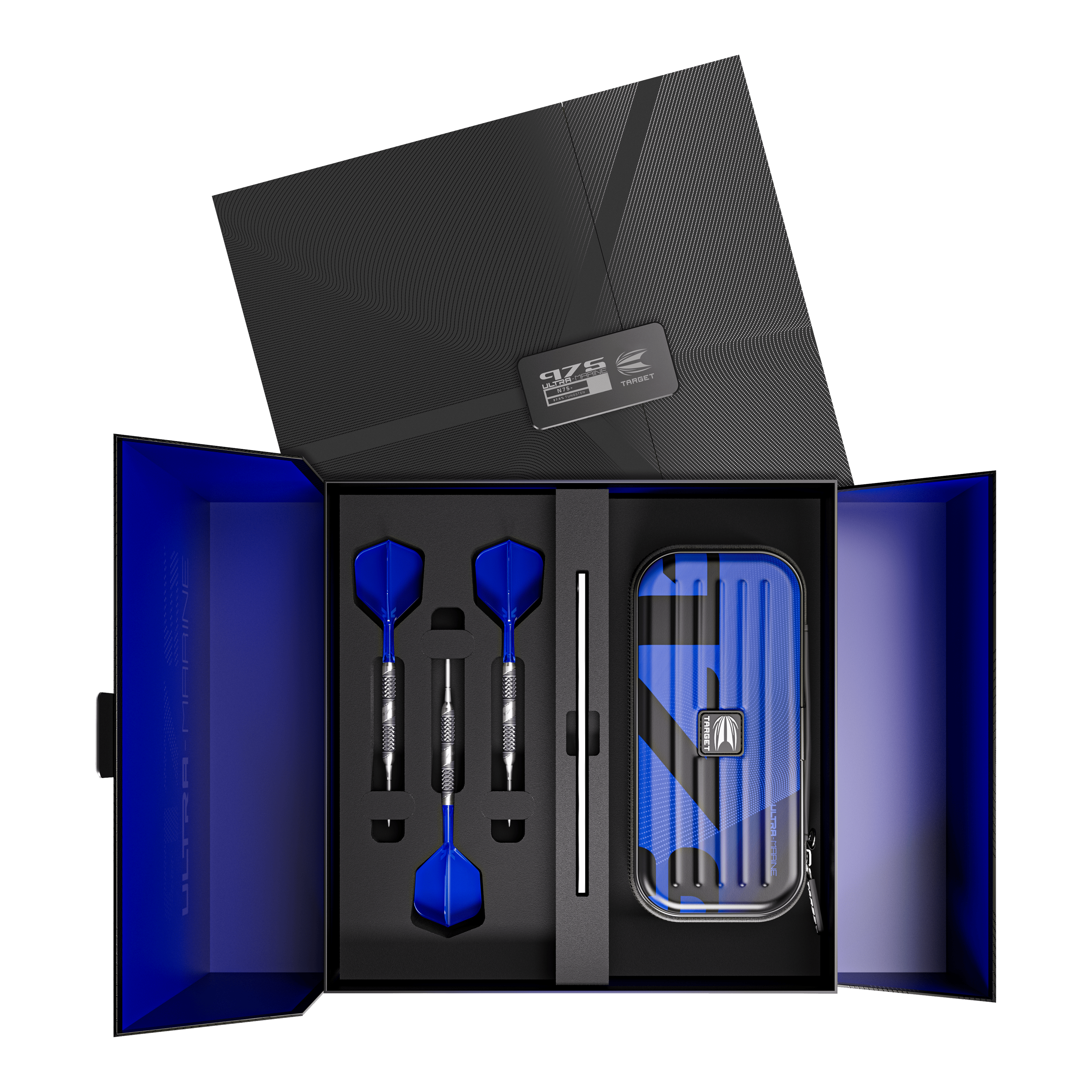 Target 975 Ultra Marine 02 Swiss Point Steel Darts Das Bild zeigt ein elegantes Dart-Set mit drei blauen Steeldarts, sorgfältig in einer Geschenkbox angeordnet. Rechts befindet sich ein passendes Etui im gleichen blauen Design.