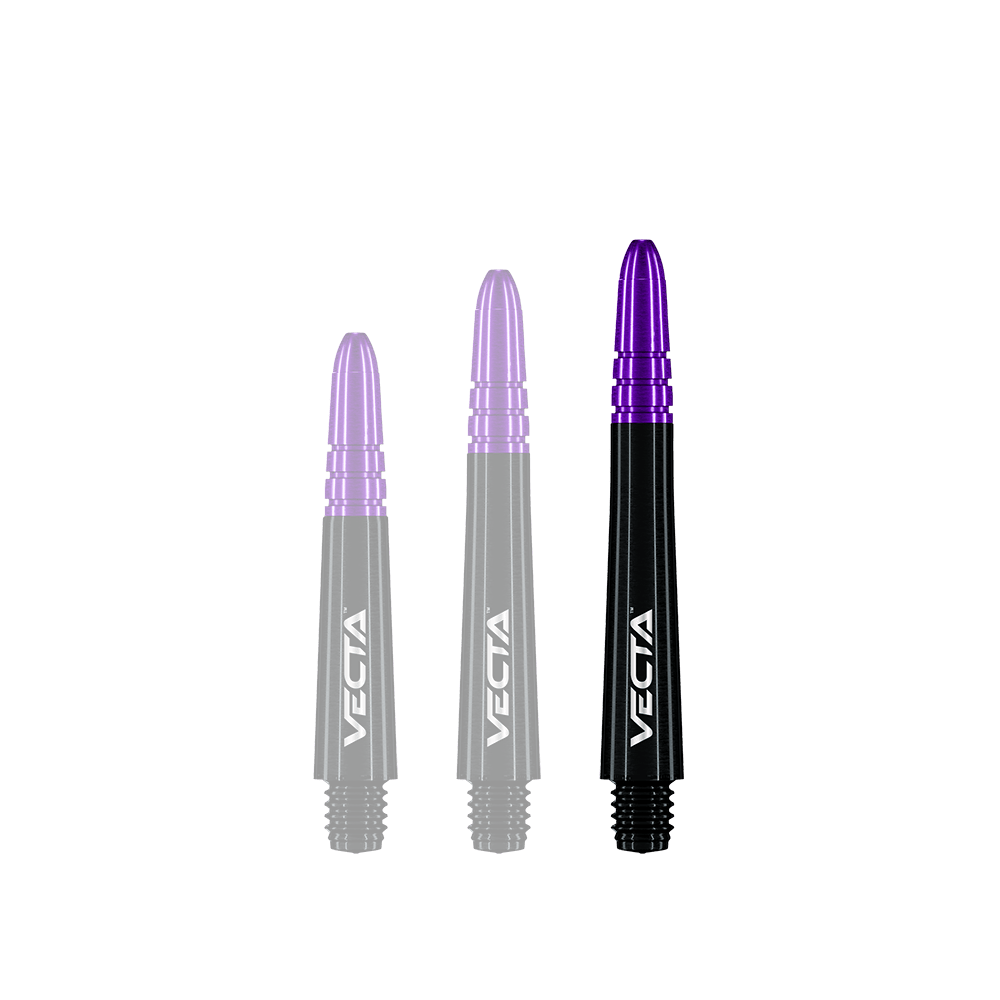 Winmau Vecta Shafts - Schwarz Lila Auf dem Bild sind drei Dartschäfte in unterschiedlichen Längen zu sehen. Sie sind schwarz mit violetten Spitzen und tragen die Aufschrift "VECTA".