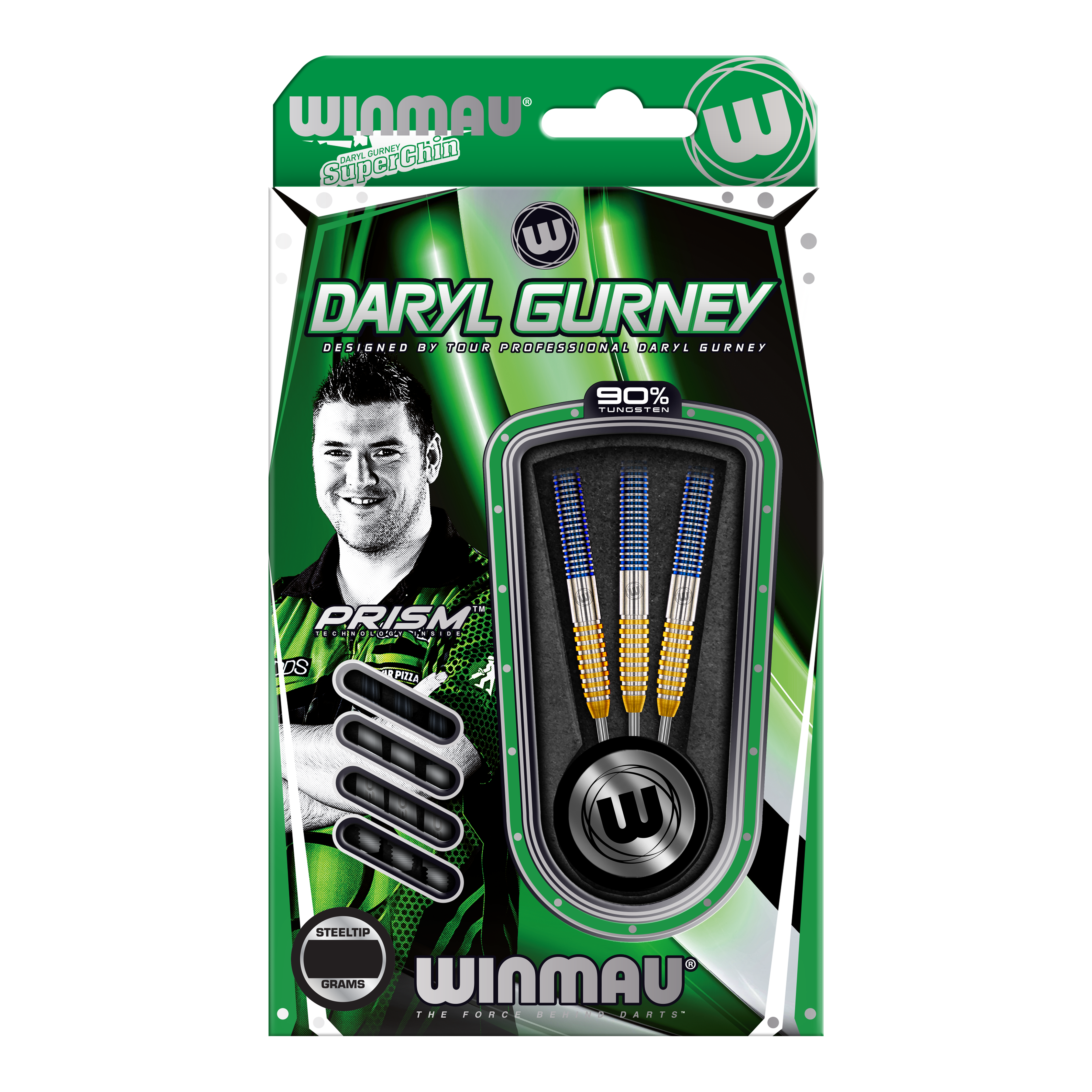 Winmau Daryl Gurney SC 1.0 Series Steeldarts - 23g Das Bild zeigt die Winmau Daryl Gurney SC 1.0 Series Steeldarts mit einem Gewicht von 23 Gramm in der Verpackung. Auf der Verpackung ist ein Porträt von Daryl Gurney sowie die drei enthaltenen Darts zu sehen.