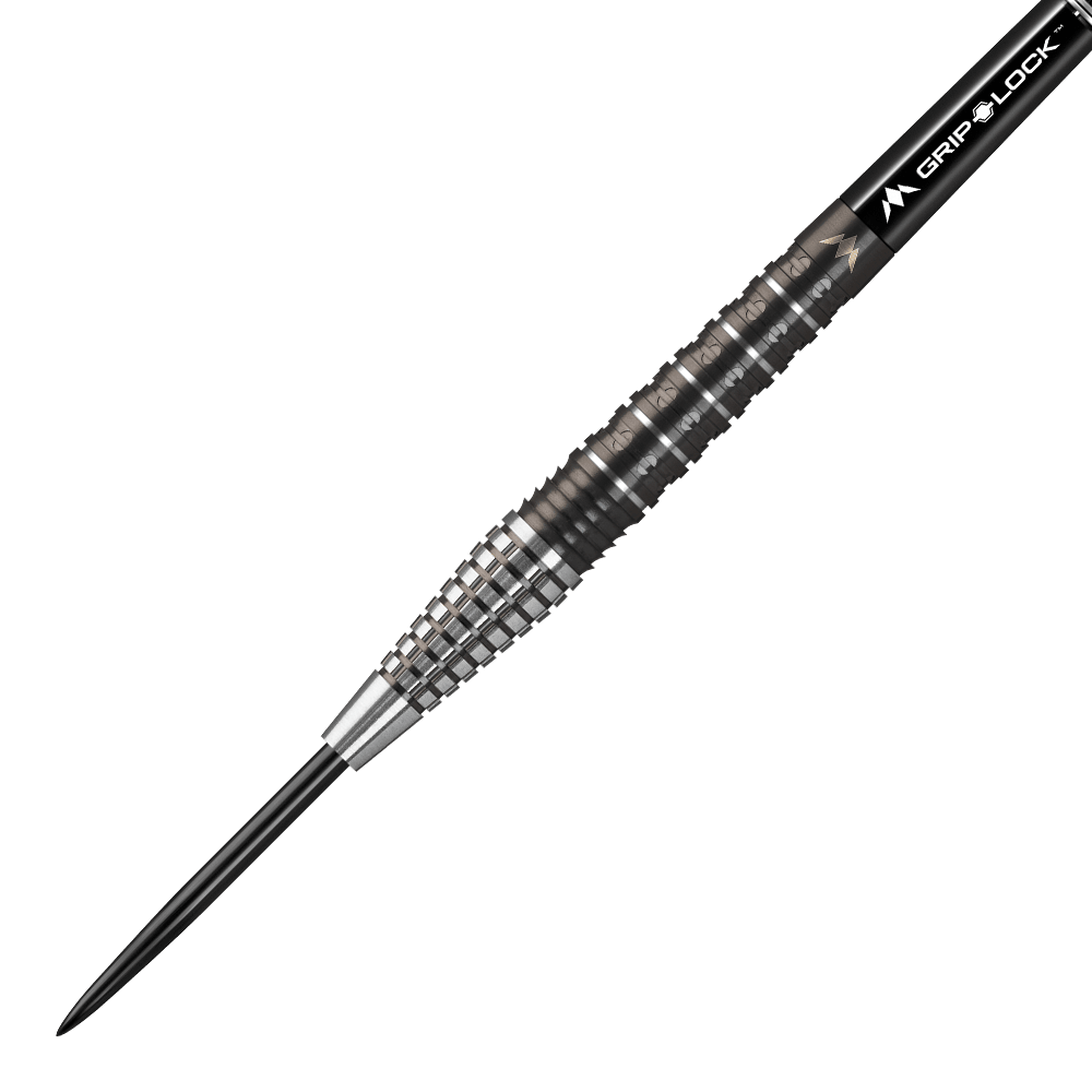 Mission Makara M2 steel darts - 23g Das Bild zeigt den "Mission Makara M2 Steeldart" mit einem Gewicht von 23 Gramm. Der Dartpfeil hat eine schwarze Spitze und einen geriffelten, silber-schwarzen Griffbereich.