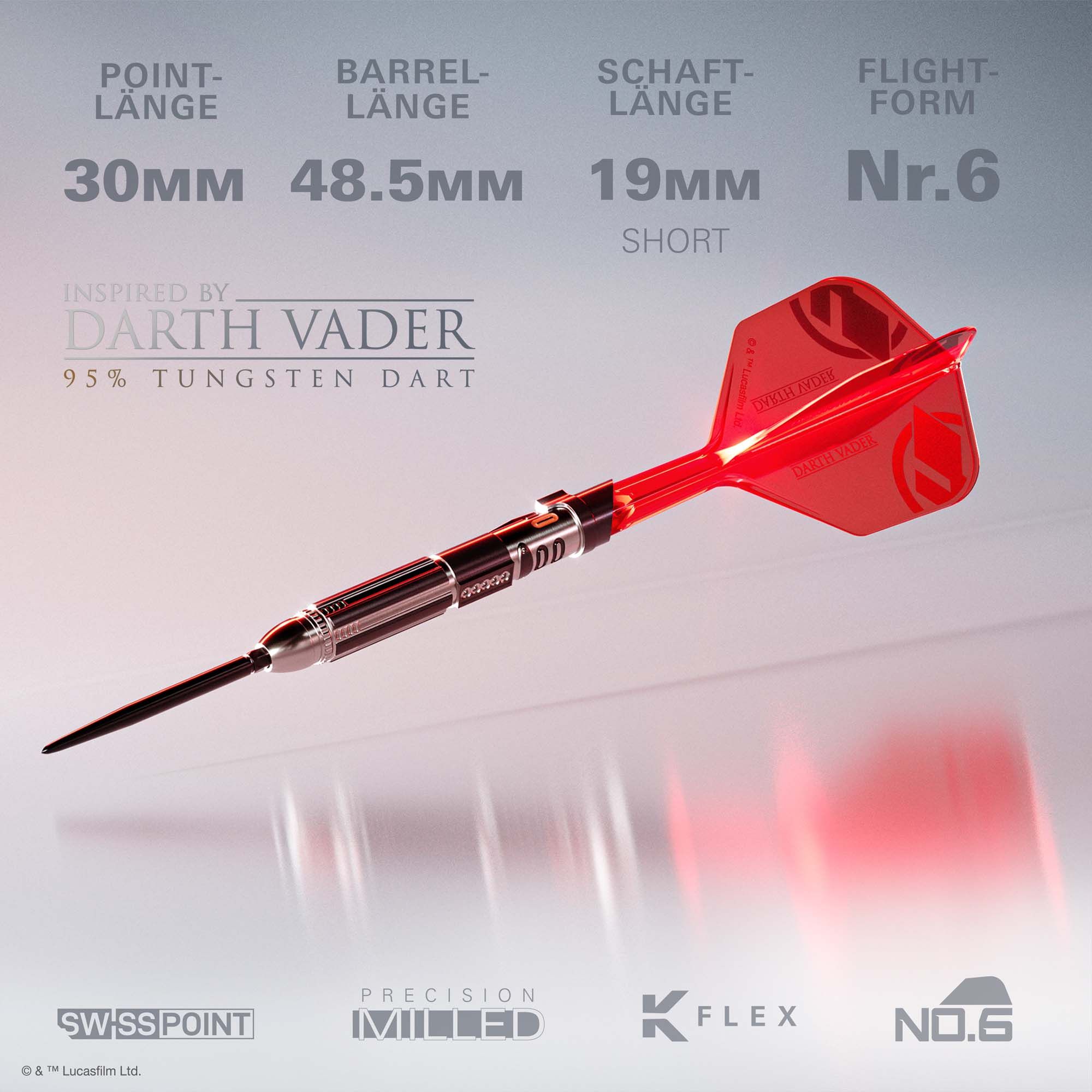 Target Star Wars Darth Vader Sith Lord Lightsaber Limited First Edition Darts- 24g Das Bild zeigt die Target Star Wars Darth Vader Light Saber Limited Edition Steeldarts - 24g. Es handelt sich um eine limitierte Edition von Dartpfeilen inspiriert von Darth Vader.