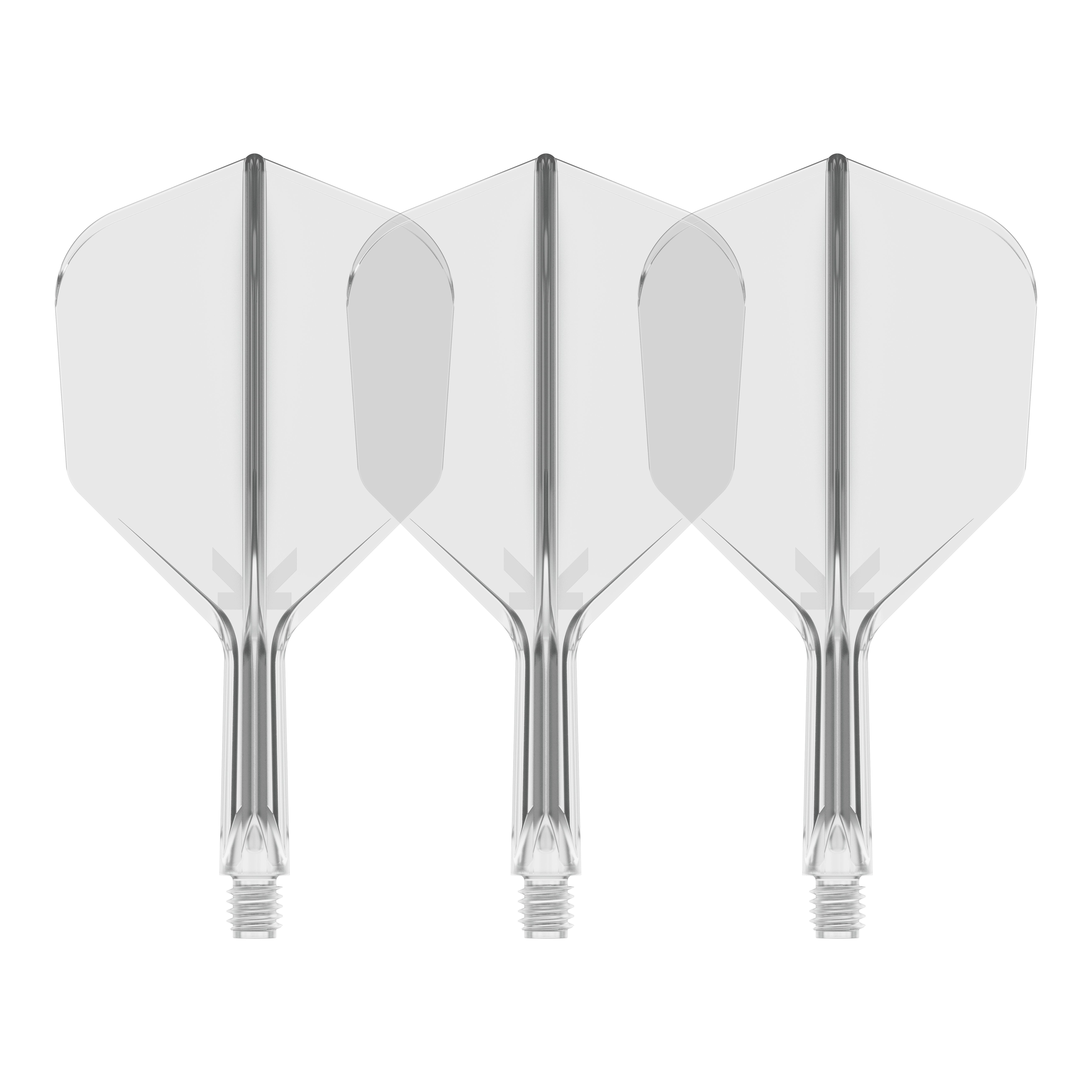 Target K-Flex No6 Flight System - Clear Auf dem Bild sind drei durchsichtige Dartflights mit integriertem Schaft zu sehen. Sie stehen nebeneinander vor schwarzem Hintergrund.