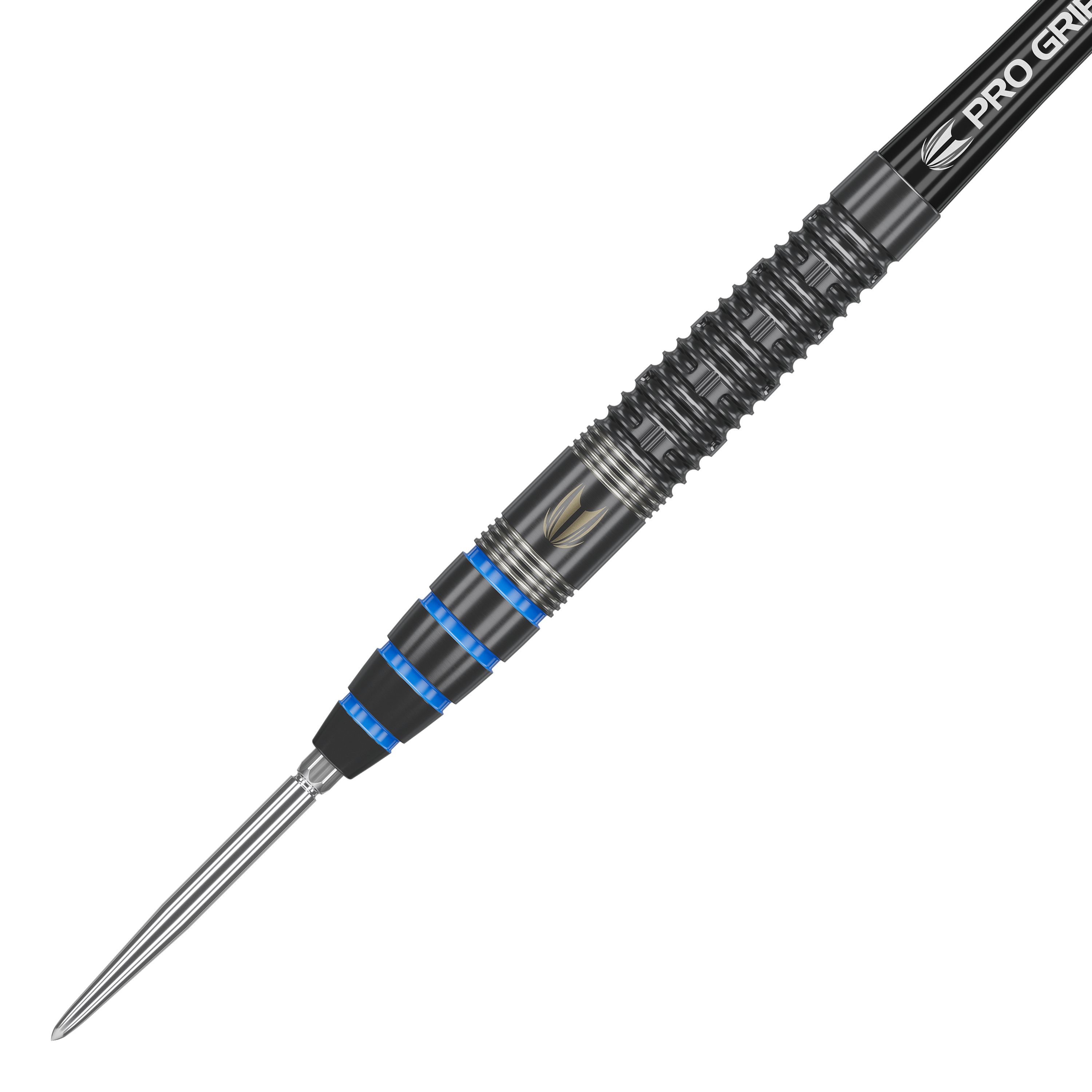 Target Jeffrey De Graaf GEN1 Swiss Point Steeldarts - 23g Auf dem Bild ist ein Target Jeffrey De Graaf GEN1 Swiss Point Steeldart mit 23g zu sehen. Der Dartpfeil hat ein schwarzes Design mit silbernen und blauen Akzenten.