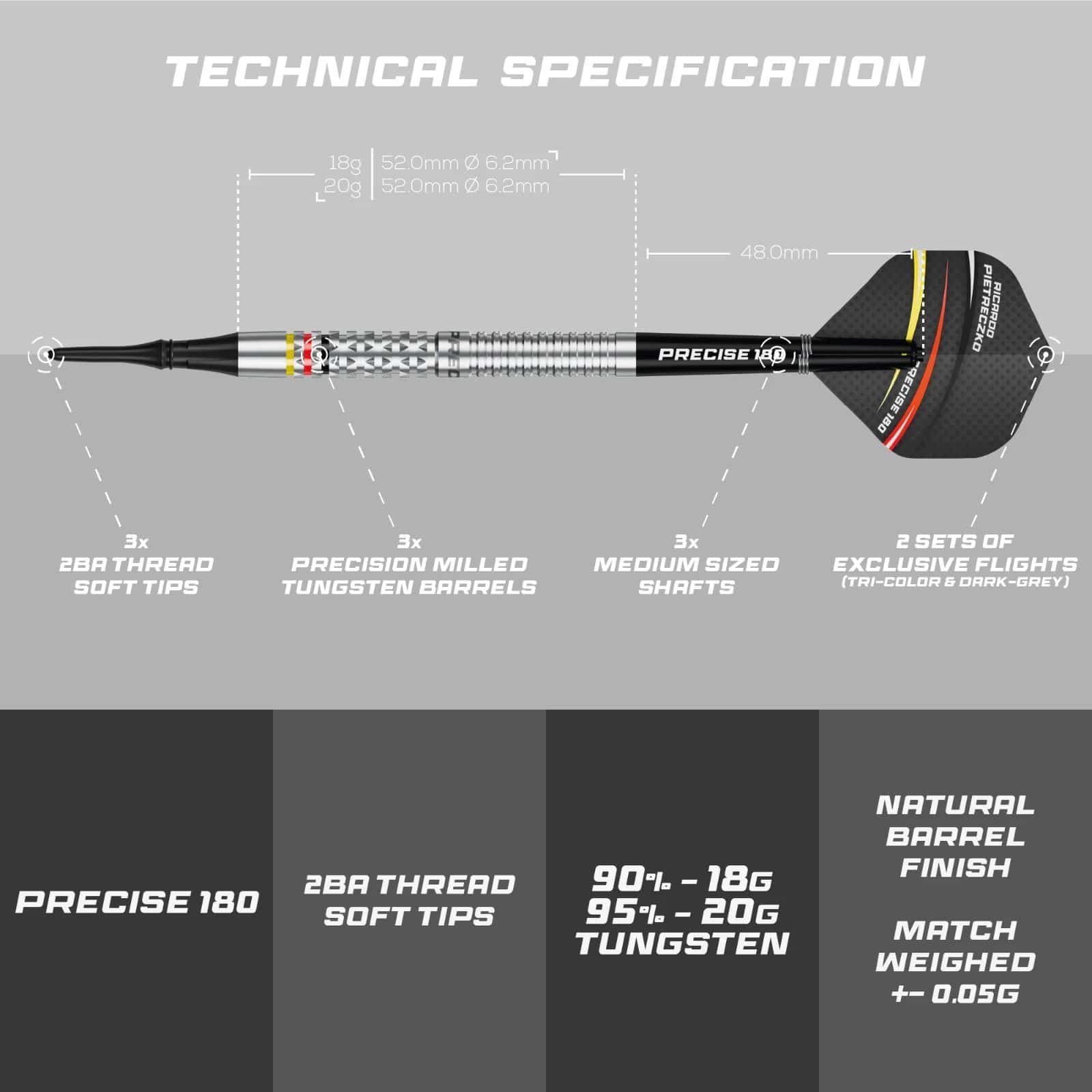 Precise 180 Ricardo Pietreczko GEN1 Softdarts sind Softdarts mit besonderem Design. Sie eignen sich perfekt für elektronische Dartboards.