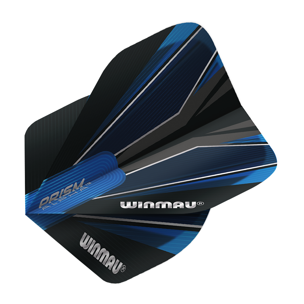 6915-153_Winmau_Prism_Alpha_Blue_Standard_Flights_2 Das Bild zeigt das Produkt "Winmau Prism Alpha Blue Standard 2 Flights". Die Flights sind überwiegend blau und schwarz mit dynamischen Linien und dem Winmau-Logo bedruckt.