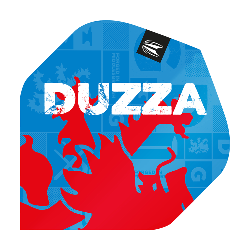 TG7_335730_Target_ProUltra_Glen_Durrant_No2_Standard_Flights_1 Das Bild zeigt die Target ProUltra Glen Durrant No2 Standard Flights. Auf dem blauen Flight steht in großen weißen Buchstaben "DUZZA" und es ist ein rotes grafisches Motiv zu sehen.