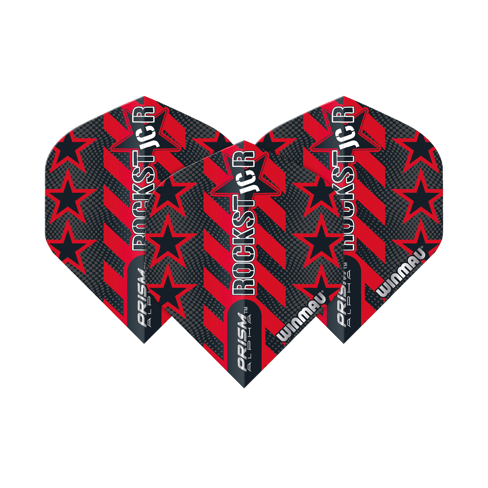 6915-198_Winmau_Prism_Alpha_Joe_Cullen_Standard_Flights_16PdMlGDDhoB0C Das Bild zeigt die Winmau Prism Alpha Joe Cullen Standard Flights. Die Flights sind schwarz und rot mit Sternen und dem Schriftzug "ROCKSTAR" gestaltet.