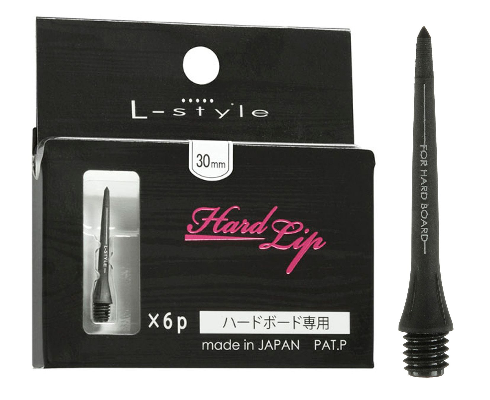 hlp2 Das Bild zeigt eine Packung mit sechs "Hard Lip Steel Points" Umwandlungsspitzen mit einer Länge von 30 mm. Eine einzelne Spitze ist neben der Verpackung abgebildet.