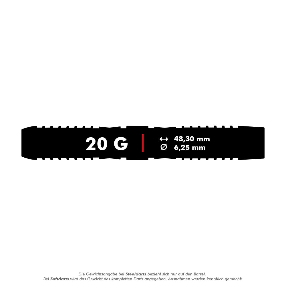 Red Dragon Panterra soft darts - 20g Das Bild zeigt die Produktangaben für die Red Dragon Panterra Softdarts mit einem Gewicht von 20 Gramm. Die Darts sind 48,30 mm lang und haben einen Durchmesser von 6,25 mm.