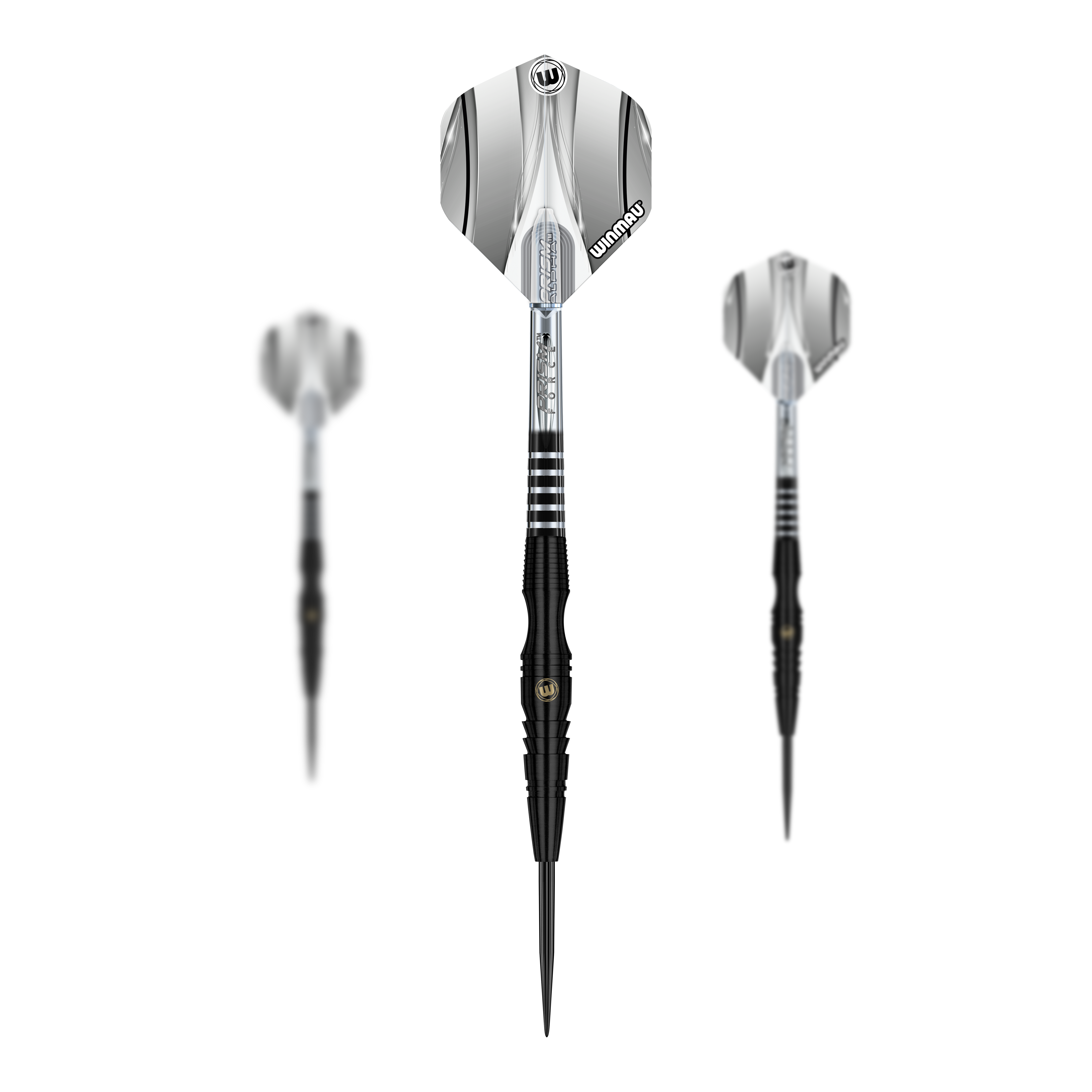 Winmau Sniper Black steel darts Das Bild zeigt drei schwarze Steeldarts des Modells "Winmau Sniper Black". Die Dartpfeile haben silberne Flights mit schwarzen Akzenten.