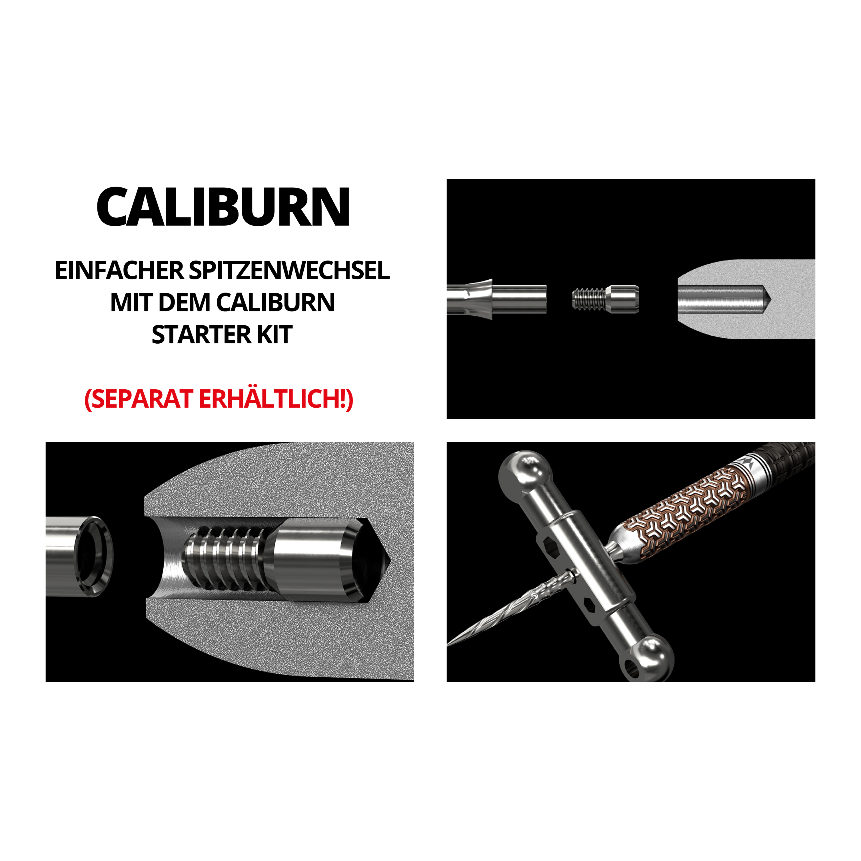 Das Bild zeigt das Produkt "Caliburn System Steeldartspitzen - Spiro - NoLip - Silber" in mehreren technischen Detailansichten. Es werden der Aufbau und die Montage der Dartspitzen anschaulich dargestellt.