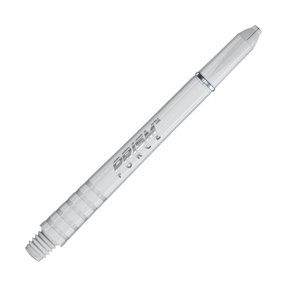 7020-202_Winmau_Prism_Force_Shafts_Weiss_48mm_2 Das Bild zeigt einen weißen Prism Force Dartschaft von Winmau. Auf dem Schaft steht der Schriftzug "PRISM FORCE".