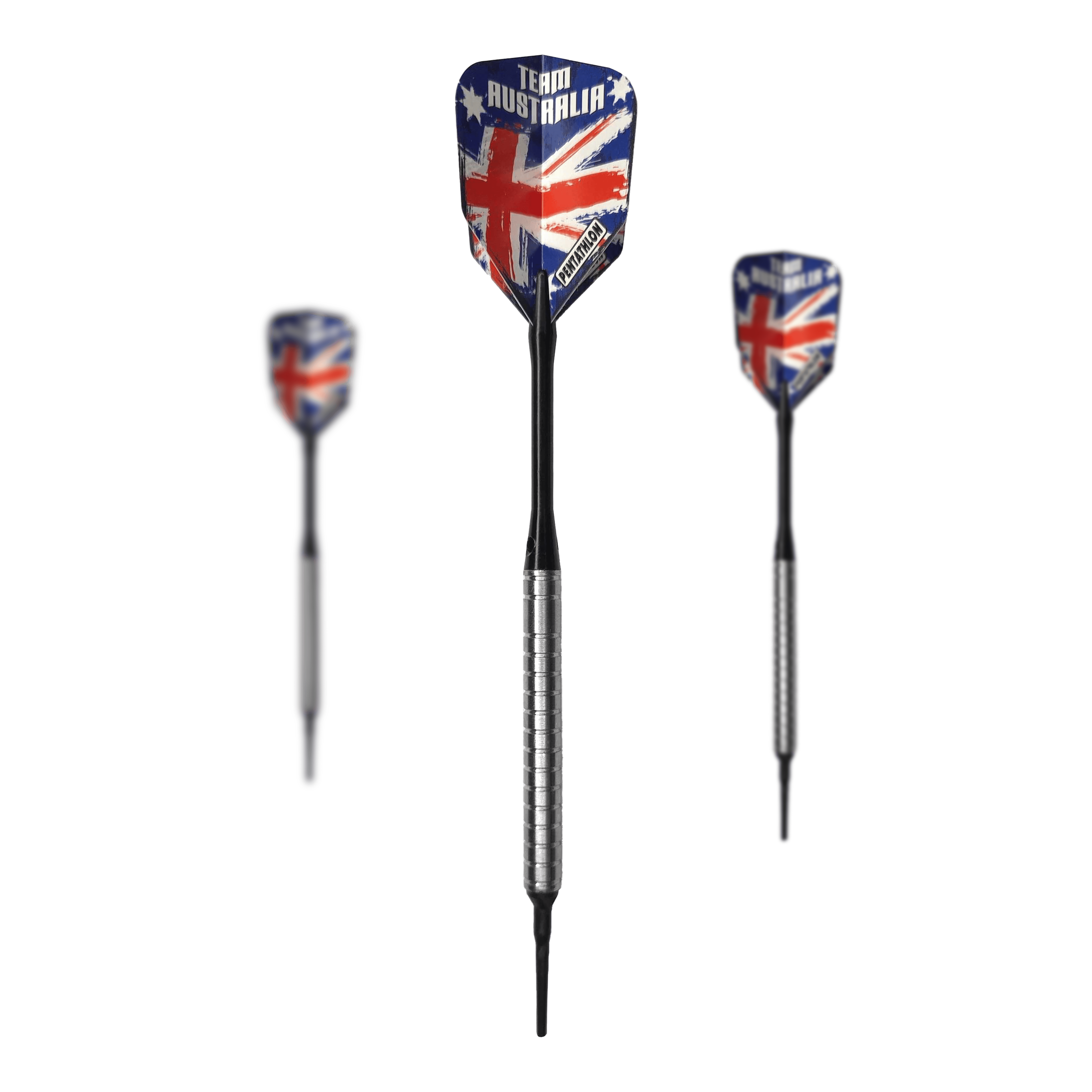 McDart 85 Tungsten V24 Softdarts - 18.5g Das Bild zeigt drei Softdarts mit silbernem Griff und schwarzer Spitze. Die Flights sind mit einer australischen Flagge und der Aufschrift "Team Australia" bedruckt.