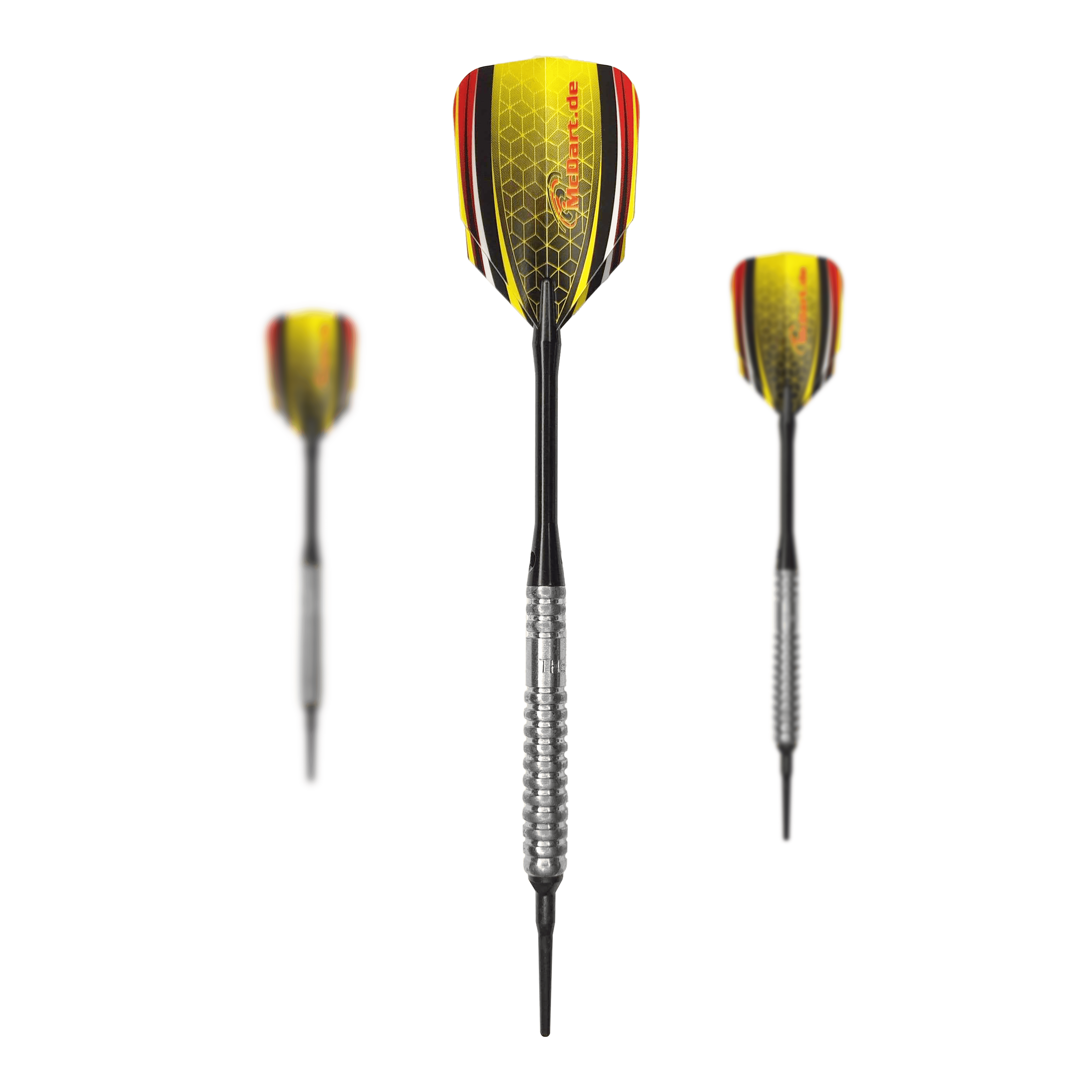McDart 85 Tungsten V20 Soft Darts - 17g Das Bild zeigt drei Softdarts des Modells "McDart 85er Tungsten V20" mit einem Gewicht von 17g. Die Flights sind in Gelb, Rot und Schwarz gestaltet und haben ein Wabenmuster.