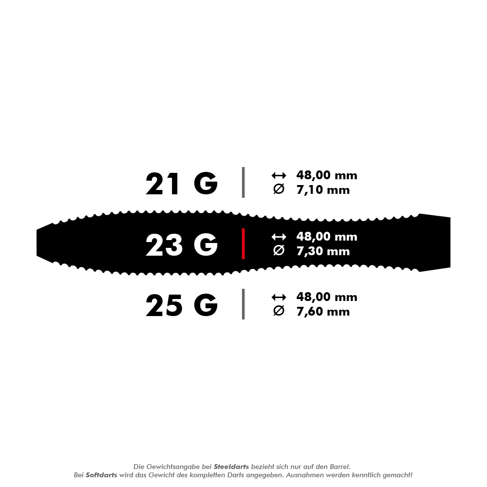 Harrows Anniversary Edition V-Wing Steel Darts Das Bild zeigt die Spezifikationen von Steeldarts mit den Gewichten 21 g, 23 g und 25 g. Länge und Durchmesser der Darts sind jeweils angegeben, wobei alle Darts 48,00 mm lang sind und sich im Durchmesser unterscheiden.
