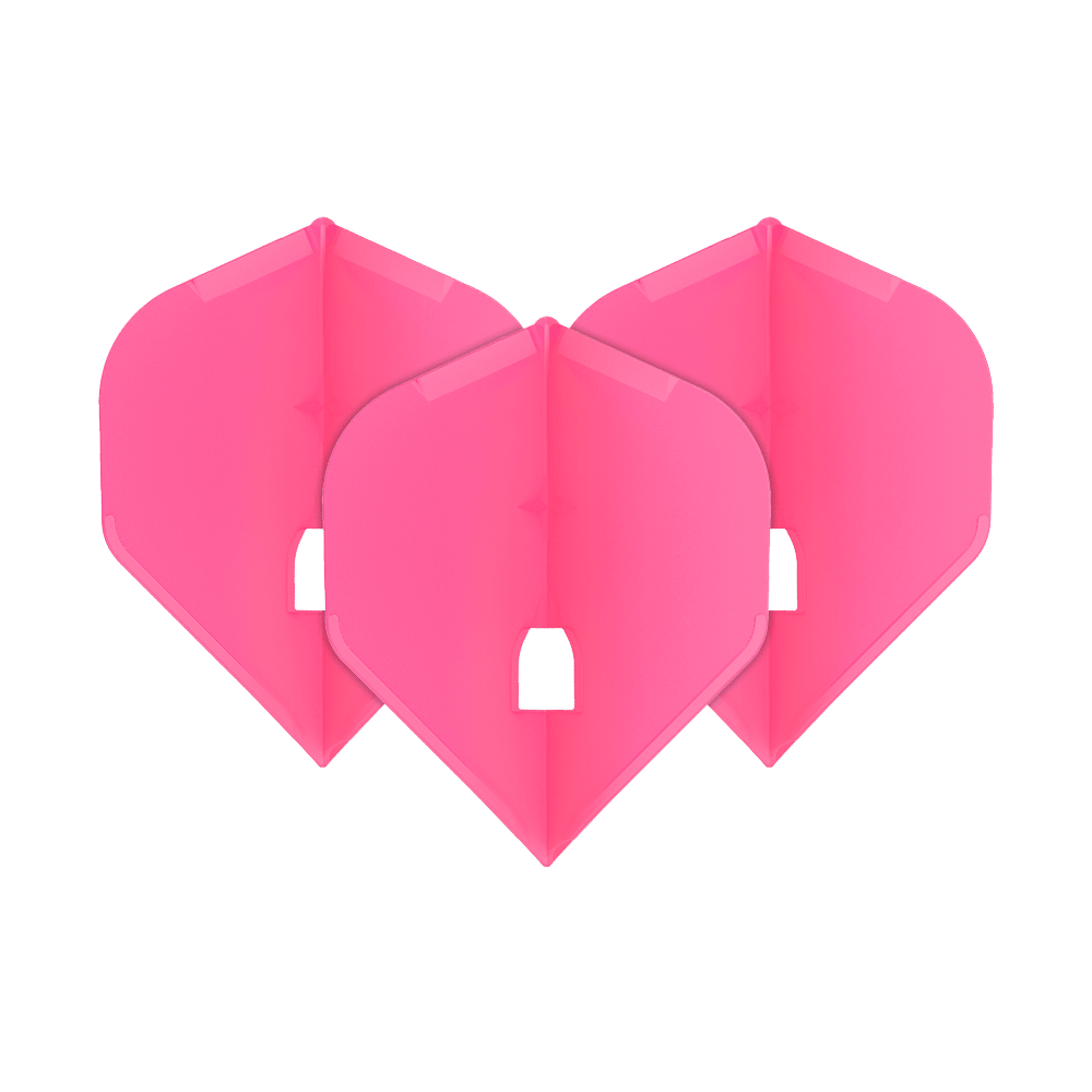 Das Bild zeigt drei pinke Dartflights in einer Standardform. Sie sind ordentlich nebeneinander angeordnet.