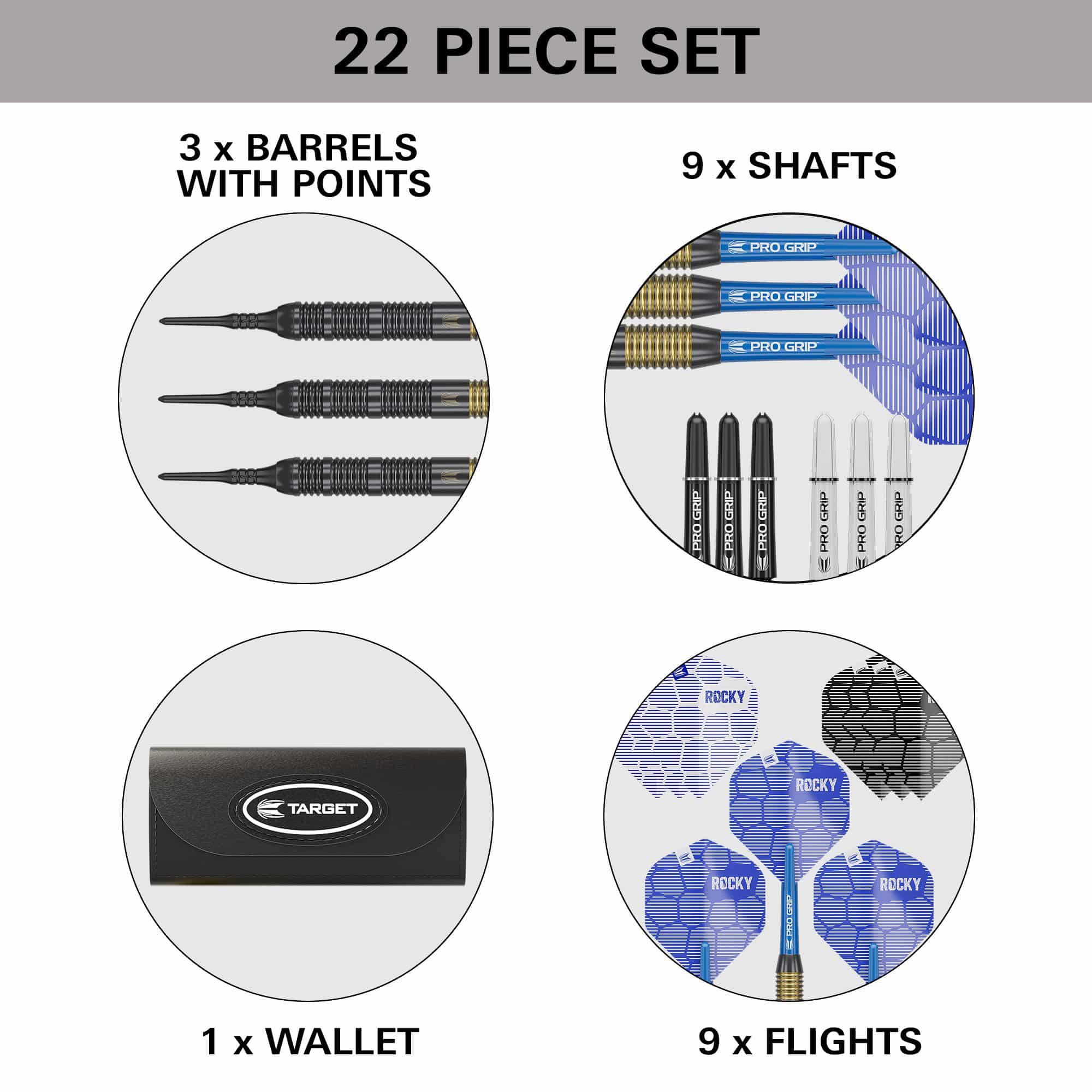 Target Josh Rock Brass Soft Darts - 18g Das Bild zeigt das 22-teilige Set "Target Josh Rock Brass Softdarts - 18g". Es enthält 3 Barrels mit Spitzen, 9 Shafts, 1 Wallet und 9 Flights.
