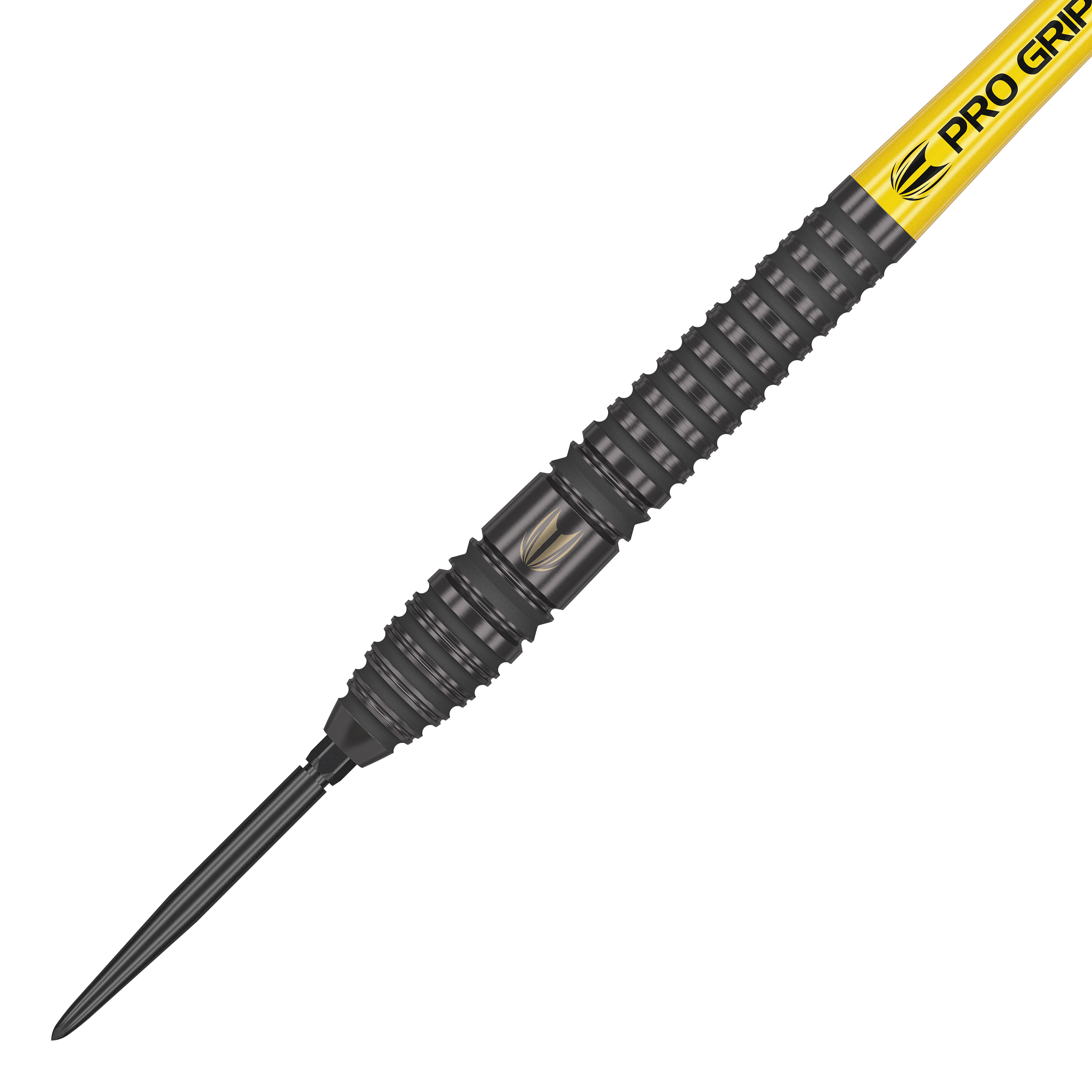 Target Bolide Void 03 Swiss Point steel darts Das Bild zeigt den Target Bolide Void 03 Swiss Point Steeldart. Der Dartpfeil hat ein schwarzes, geriffeltes Barrel und eine gelbe Pro Grip Spitze.