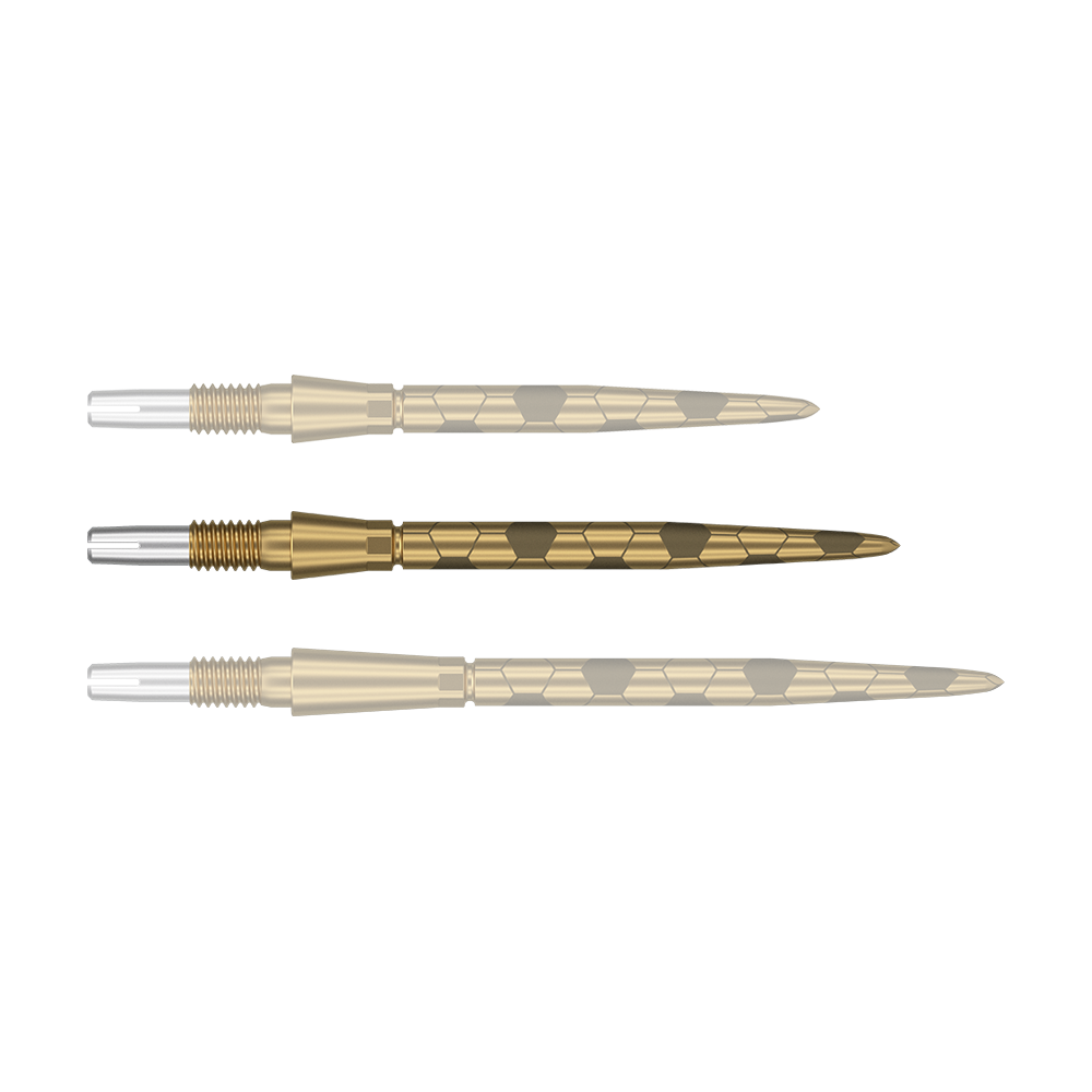 Target Swiss Storm Onyx Point Dart Tips - Gold Auf dem Bild sind drei goldfarbene Dartspitzen mit silbernem Gewinde zu sehen. Sie liegen nebeneinander und haben ein markantes, sechseckiges Muster auf der Oberfläche.