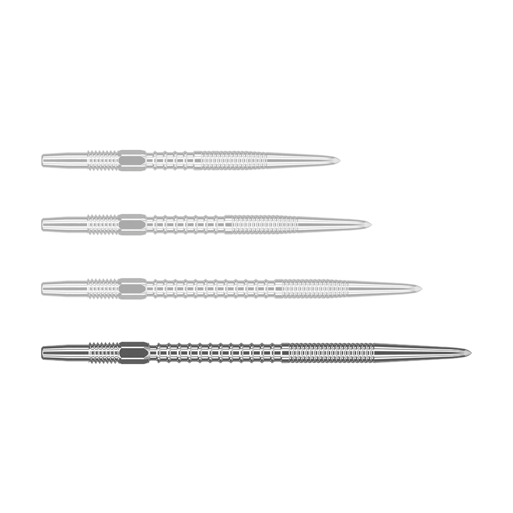 Target Swiss Firepoint Silver dart tips Das Bild zeigt vier silberne Dartspitzen, die nebeneinander liegen. Sie sind gleich lang und haben eine feine Riffelung für besseren Halt.