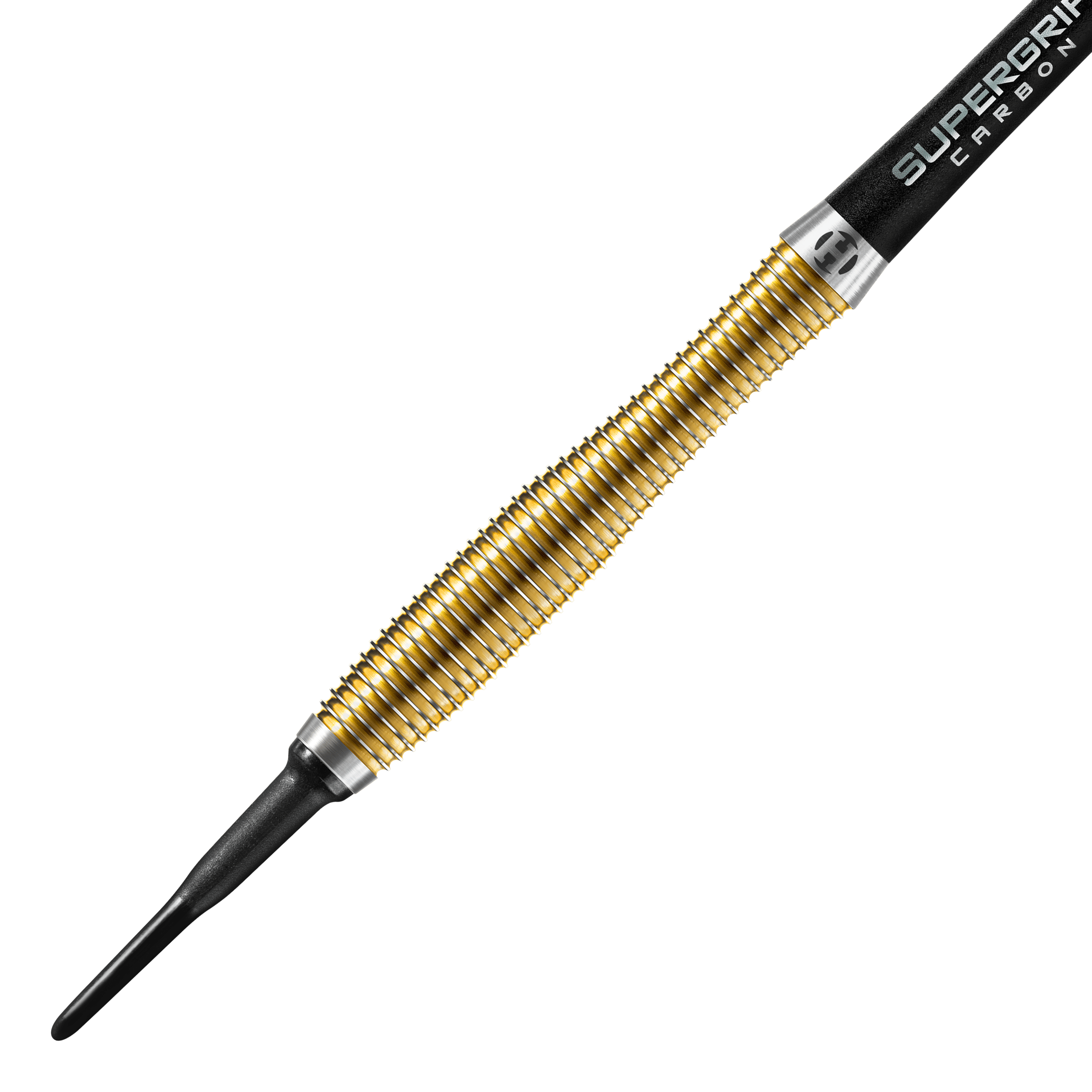 Harrows Anniversary Edition V-Wing Soft Darts - 18g Das Bild zeigt einen goldfarbenen Softdart der Marke Harrows, Modell Anniversary Edition V-Wing mit 18g Gewicht. Der Dart hat eine strukturierte Griffzone und eine schwarze Kunststoffspitze.