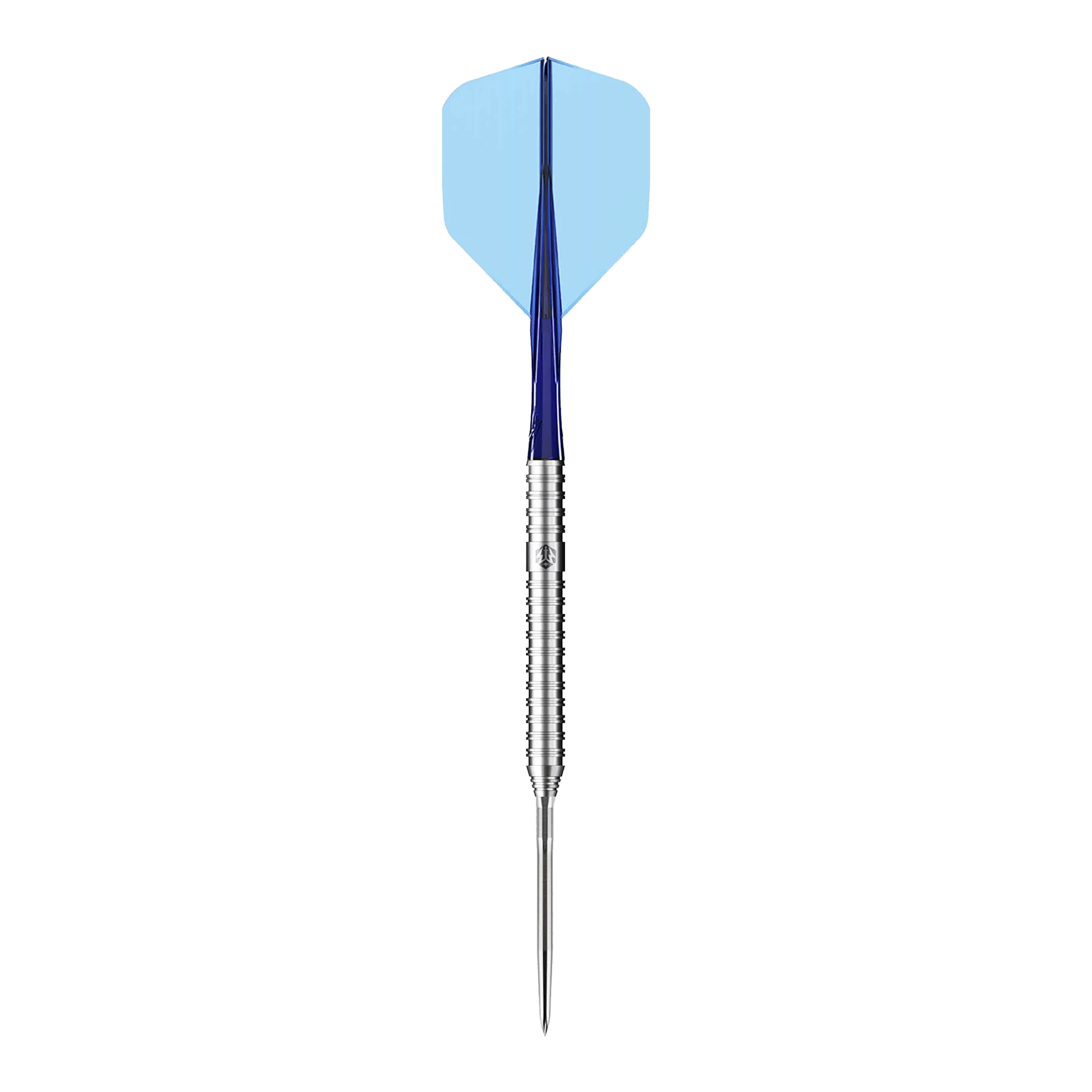 Caliburn Forge F3 steel darts - 22g Das Bild zeigt einen Caliburn Forge F3 Steeldart mit einem Gewicht von 22 Gramm. Der Dart hat einen silbernen Schaft, einen blauen Flight und eine spitze Metallspitze.