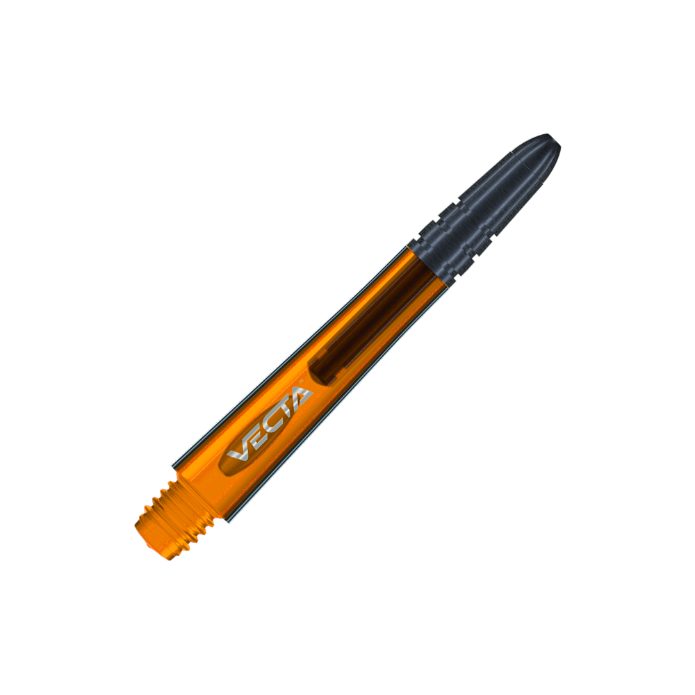 7025-110_Winmau_Vecta_Shafts_Orange_40mm_2 Das Bild zeigt einen orangefarbenen Winmau Vecta Shaft mit einer Länge von 37 mm. Der Schaft hat ein modernes Design und das Wort "VECTA" ist darauf zu sehen.