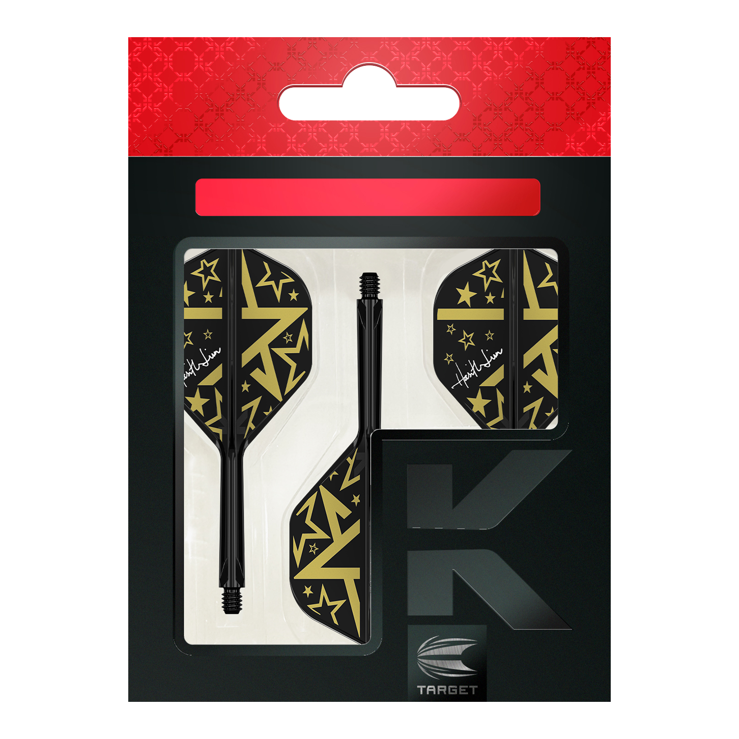 Target Japan K-Flex Hot Shot No2 Standard Flight Shaft System Das Bild zeigt das Produkt "Target Japan K-Flex Hot Shot No2 Standard Flight-Shaft-System" in seiner Verpackung. Die Flights und Shafts sind schwarz mit goldenen Sternen und Mustern gestaltet.