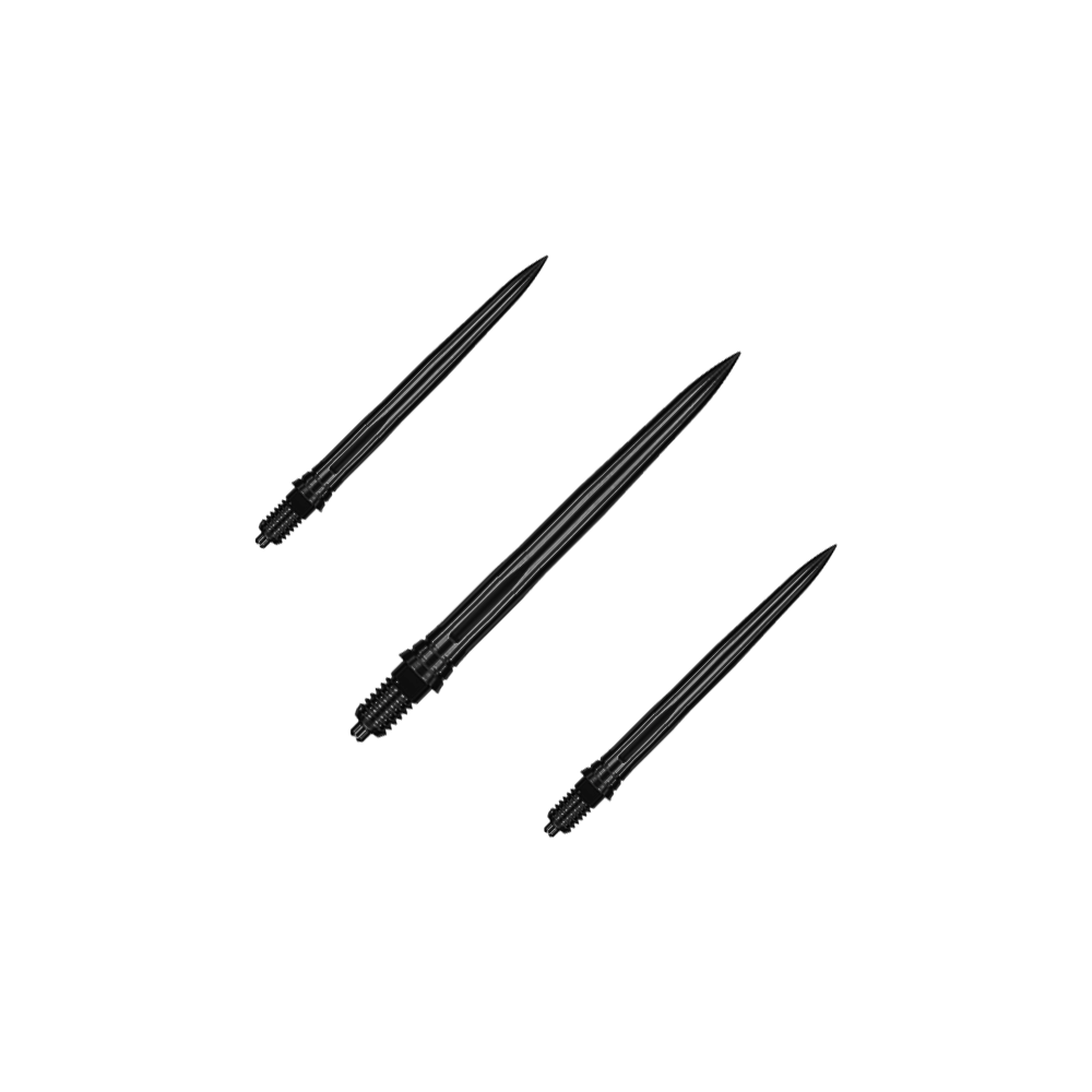 Hier sind EVO181 Caliburn EZ-EVO Dartspitzen Smooth Schwarz 28mm als Set dargestellt. Die Dartspitzen sind schwarz und haben eine glatte Oberfläche.