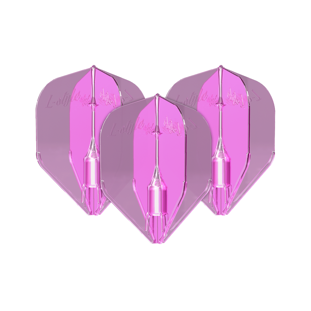 L-Style Fantom L3EZ Flights Clear Pink Das Bild zeigt drei klare, pinke Dartflights des Modells "L-Style Fantom L3EZ". Die Flights sind transparent und haben eine leuchtend pinke Farbe.