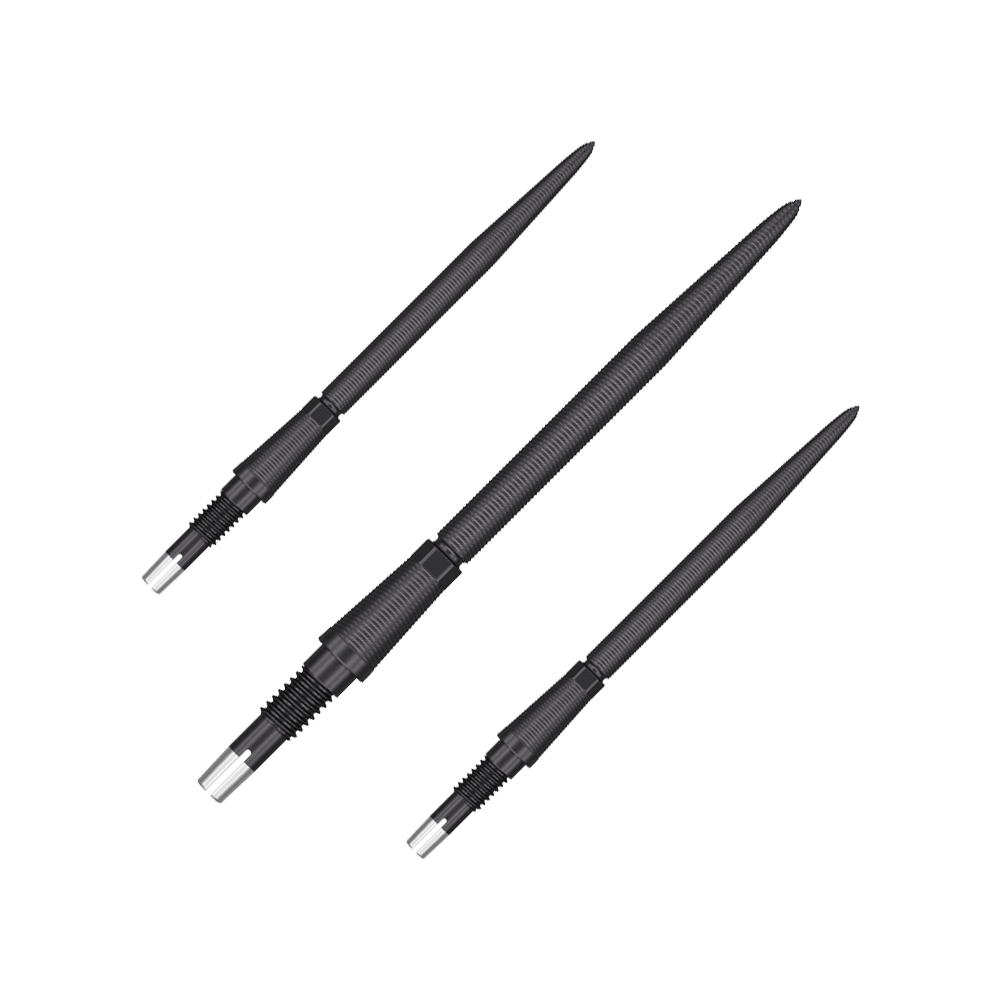 Target Swiss Storm Nano Point Dartspitzen - Schwarz Das Bild zeigt drei schwarze Dartspitzen, die nebeneinander liegen. Sie haben eine feine Riffelung und sind jeweils 35 mm lang.