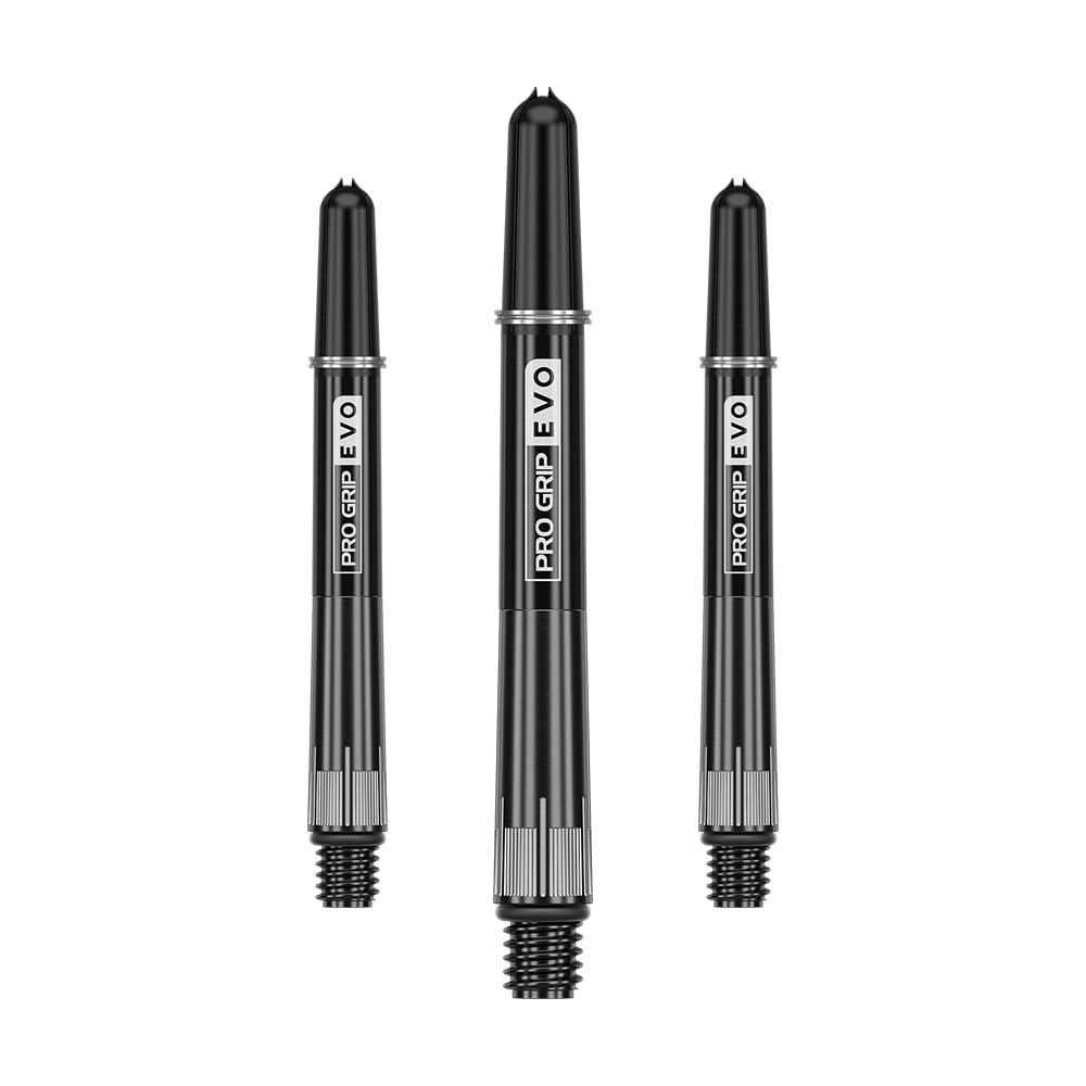 Target Pro Grip EVO Raymond Van Barneveld Chrono Titanium Shafts Auf dem Bild sind drei schwarze Dartschäfte mit der Aufschrift "PRO GRIP EVO" zu sehen. Sie sind aus Metall gefertigt und haben ein schraubbares Ende.